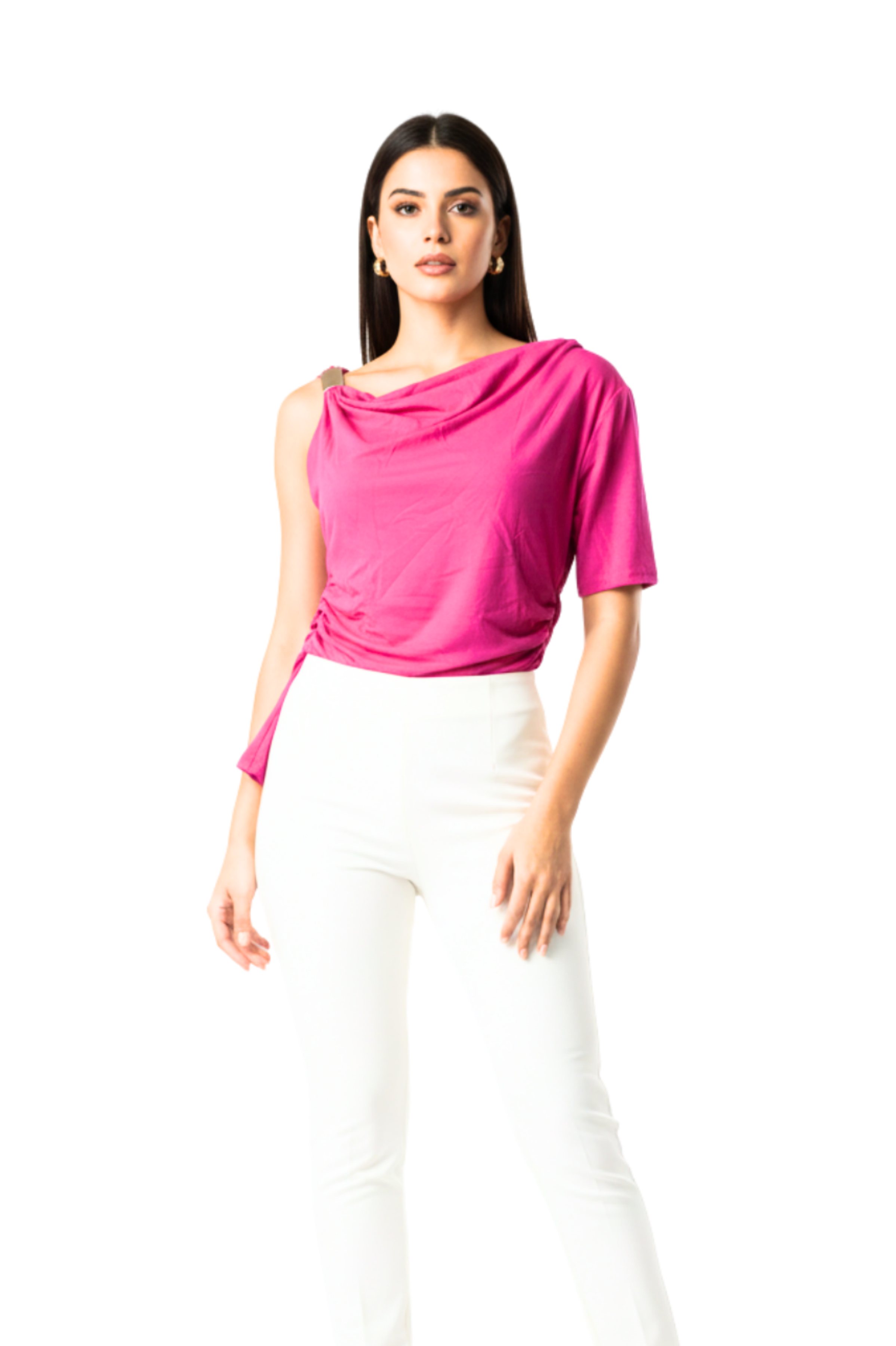 Hot Pink One-Shoulder Ruched Top for Women – Stylish Party & Casual Wear