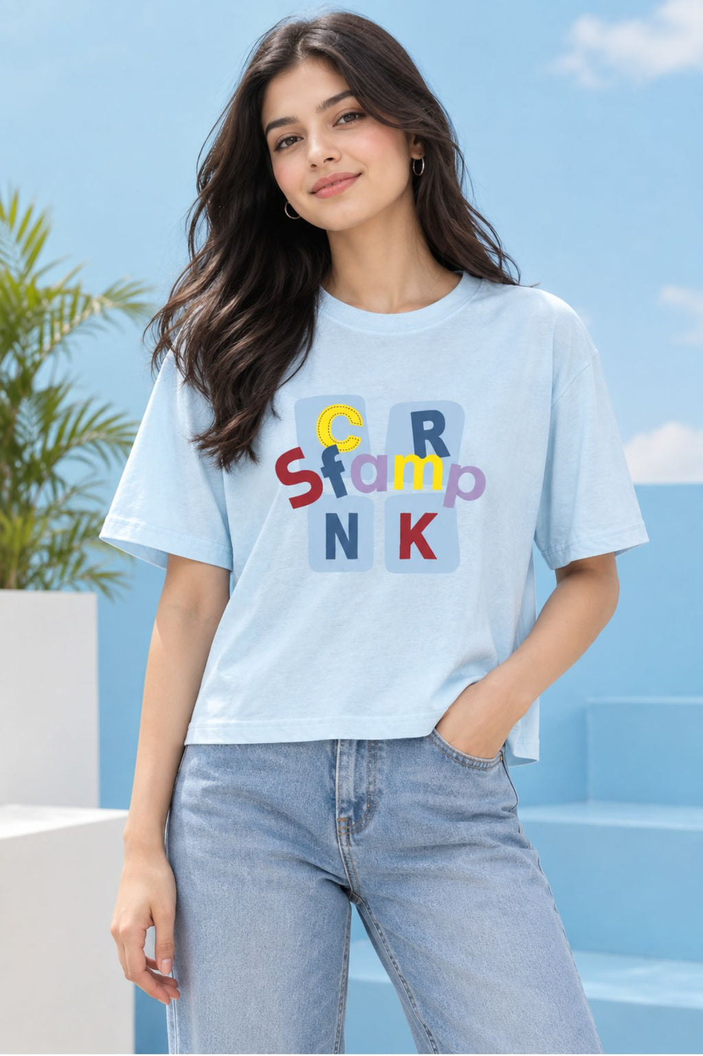 Tara Sky Blue Oversized Crop T-Shirt