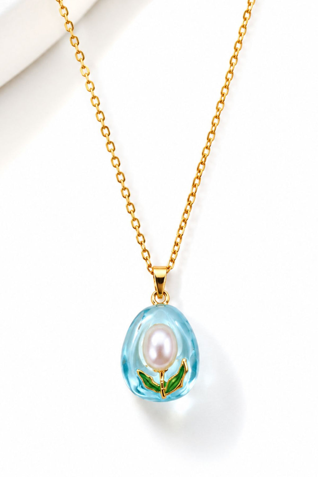 Blue Enamel & Pearl Tulip Flower Pendant Chain