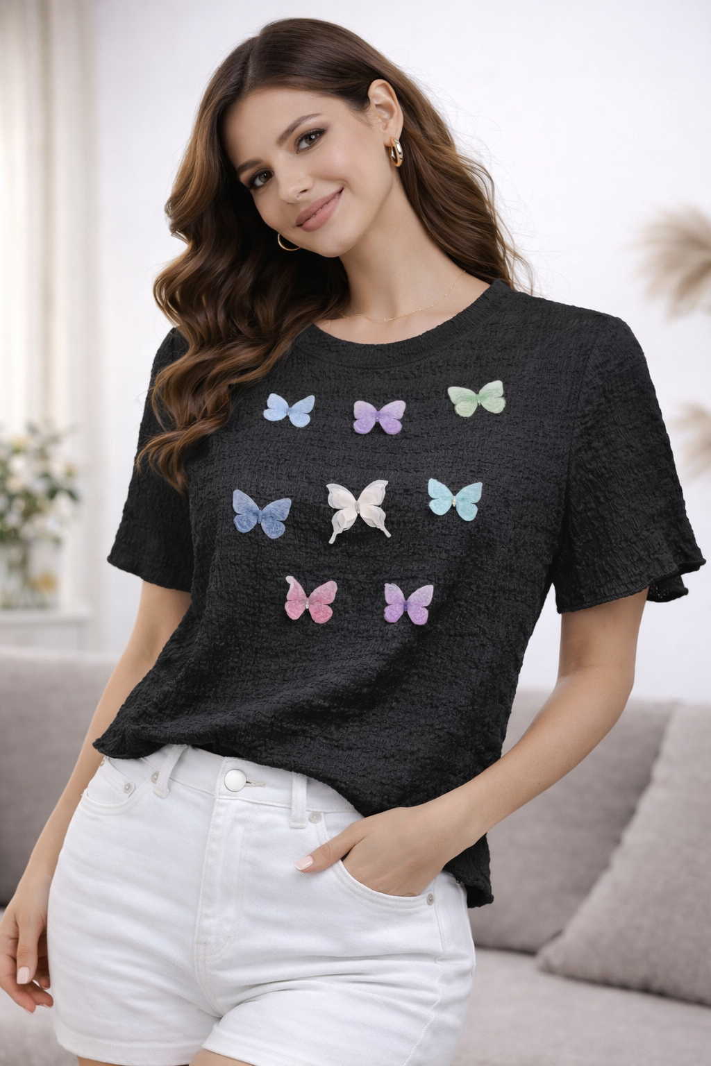 Butterfly Bliss Textured Top_Black