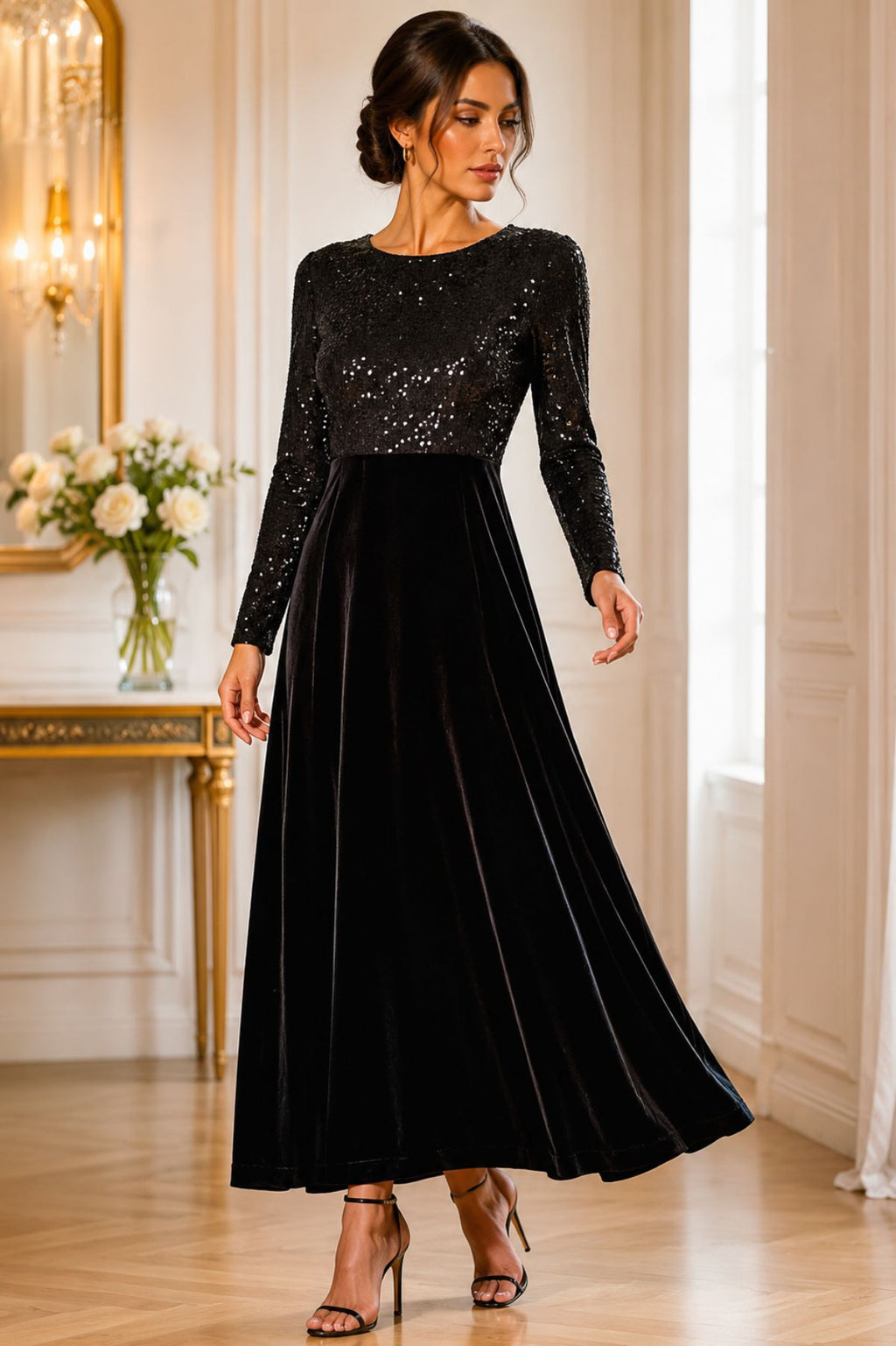 Black Sequin and Velvet Long-Sleeve Long Dress