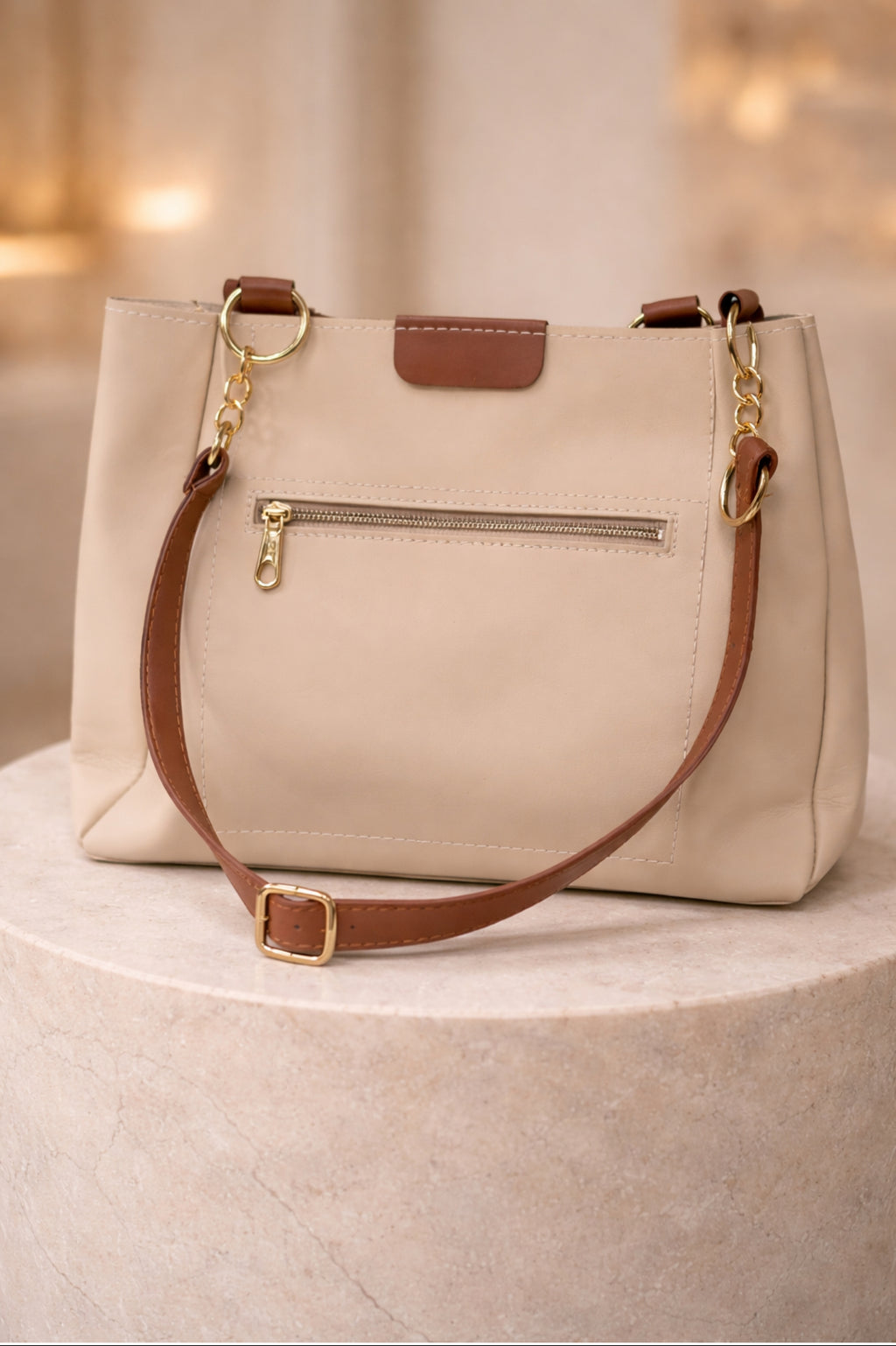 Women Cream Structured Tote Bag with Contrast Strap