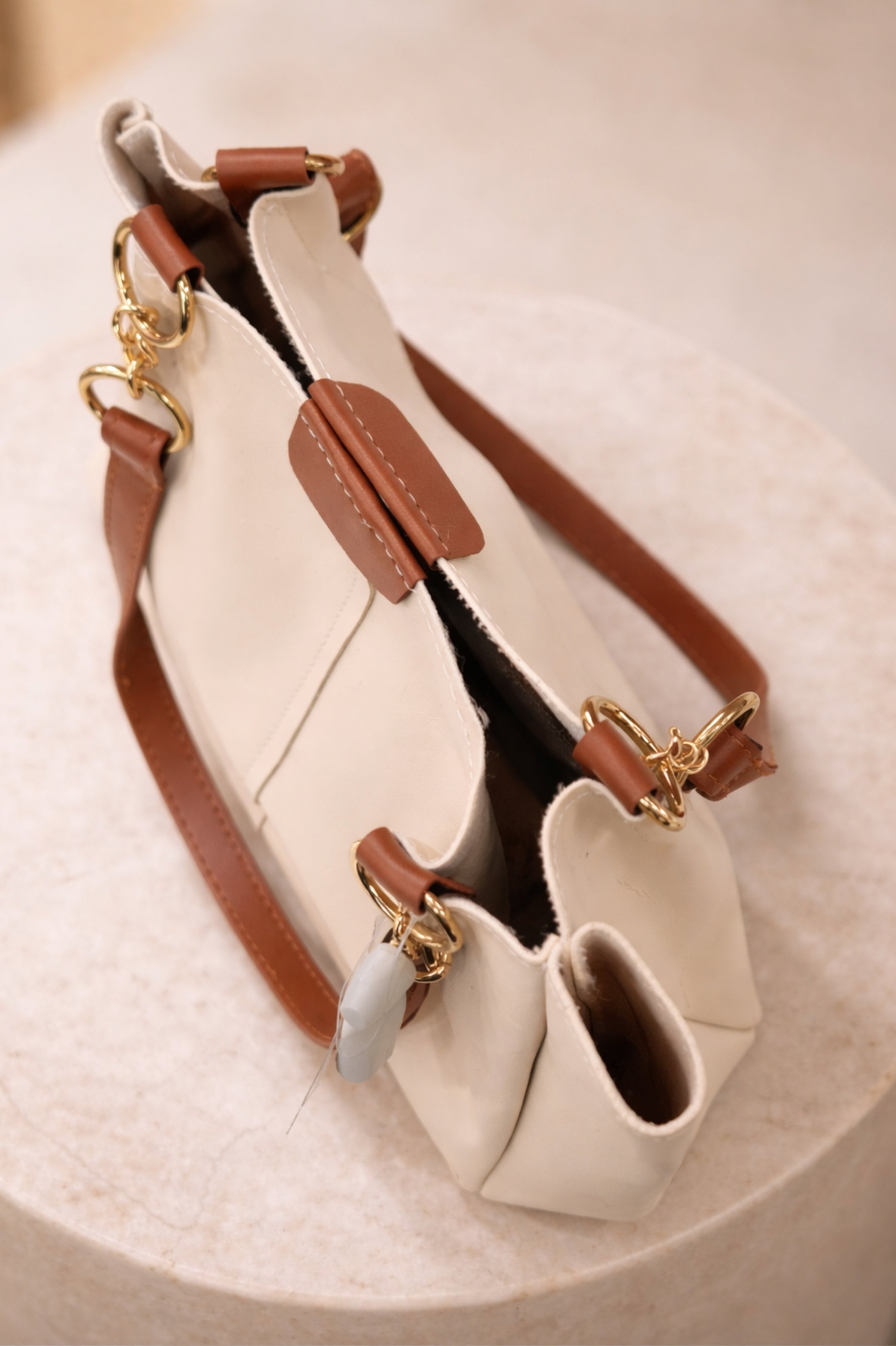 Women Cream Structured Tote Bag with Contrast Strap