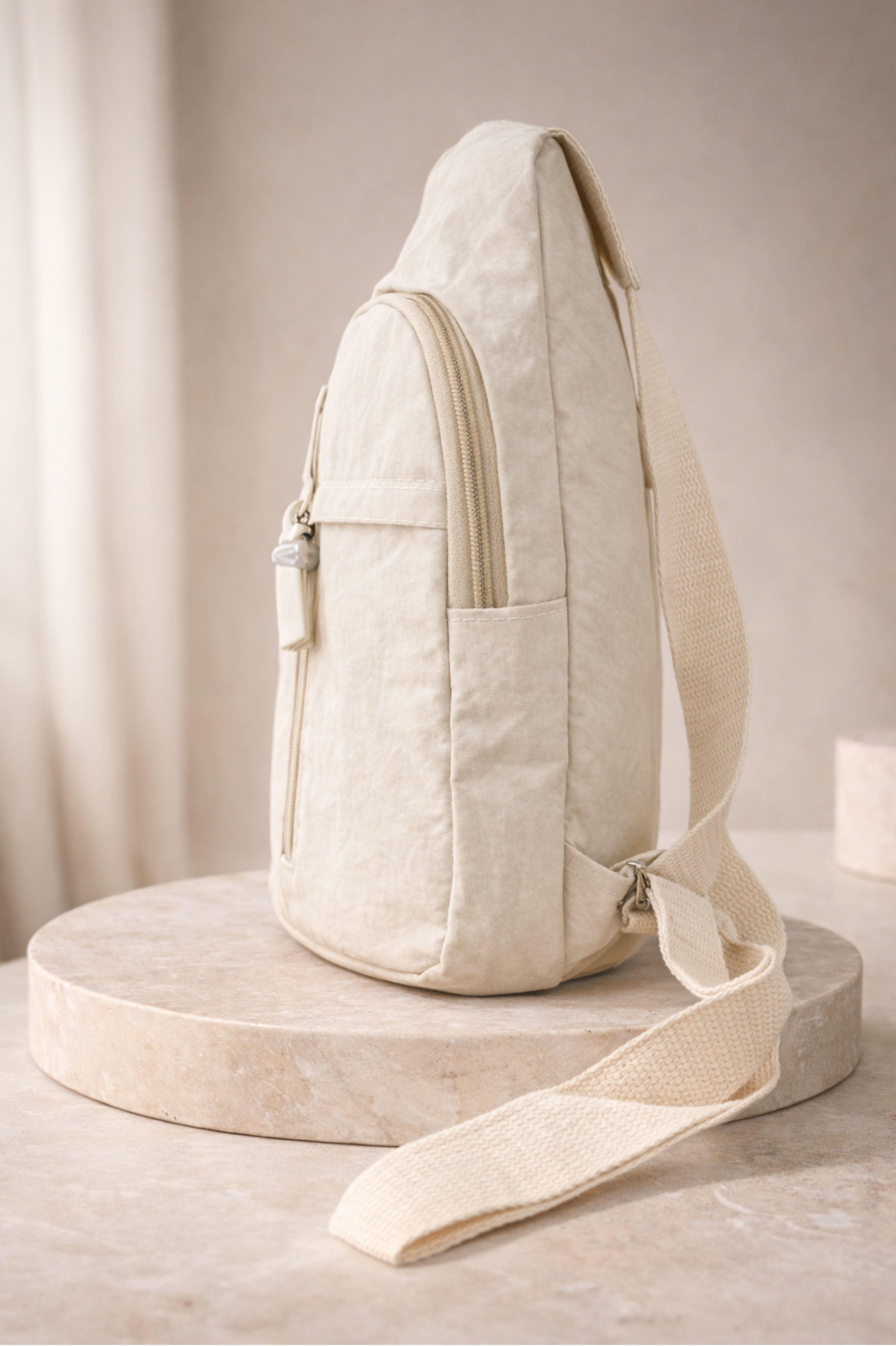 Women Cream Solid Casual Sling Backpack