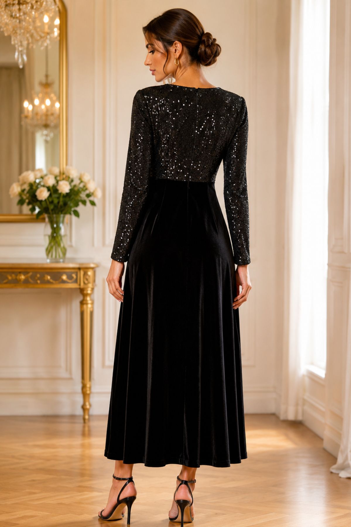 Black Sequin and Velvet Long-Sleeve Long Dress