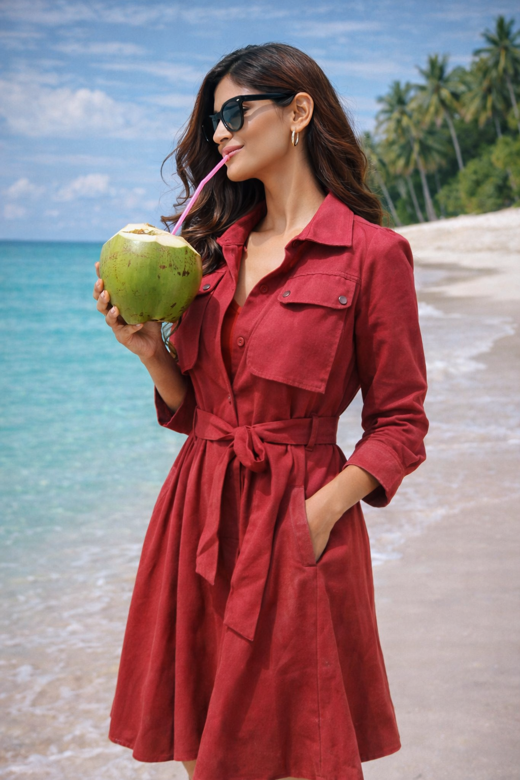 Rosy Coast Belted Dress