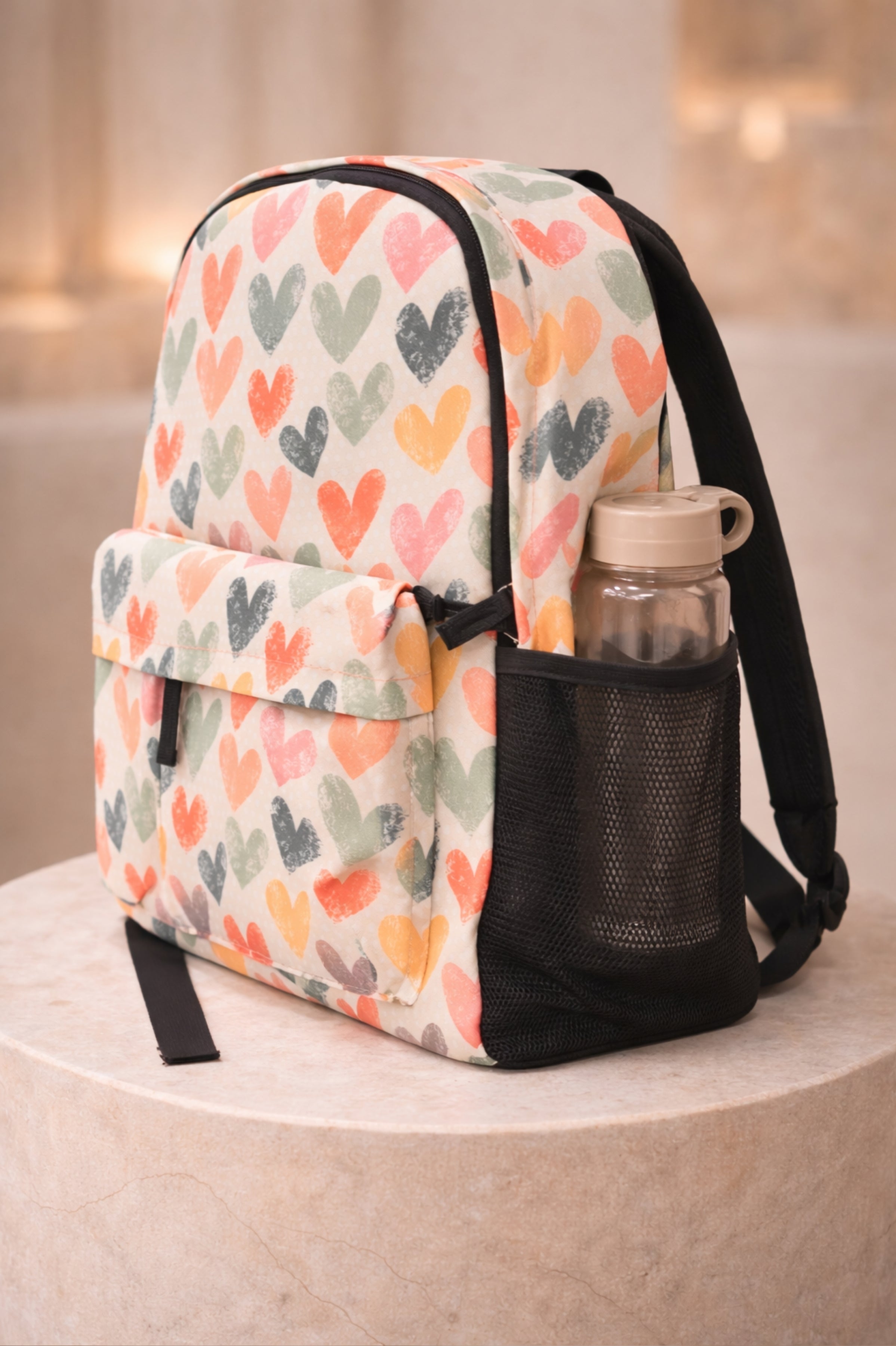 Girls Off-White Multicolour Heart Print Casual Backpack with Front Zip Pocket