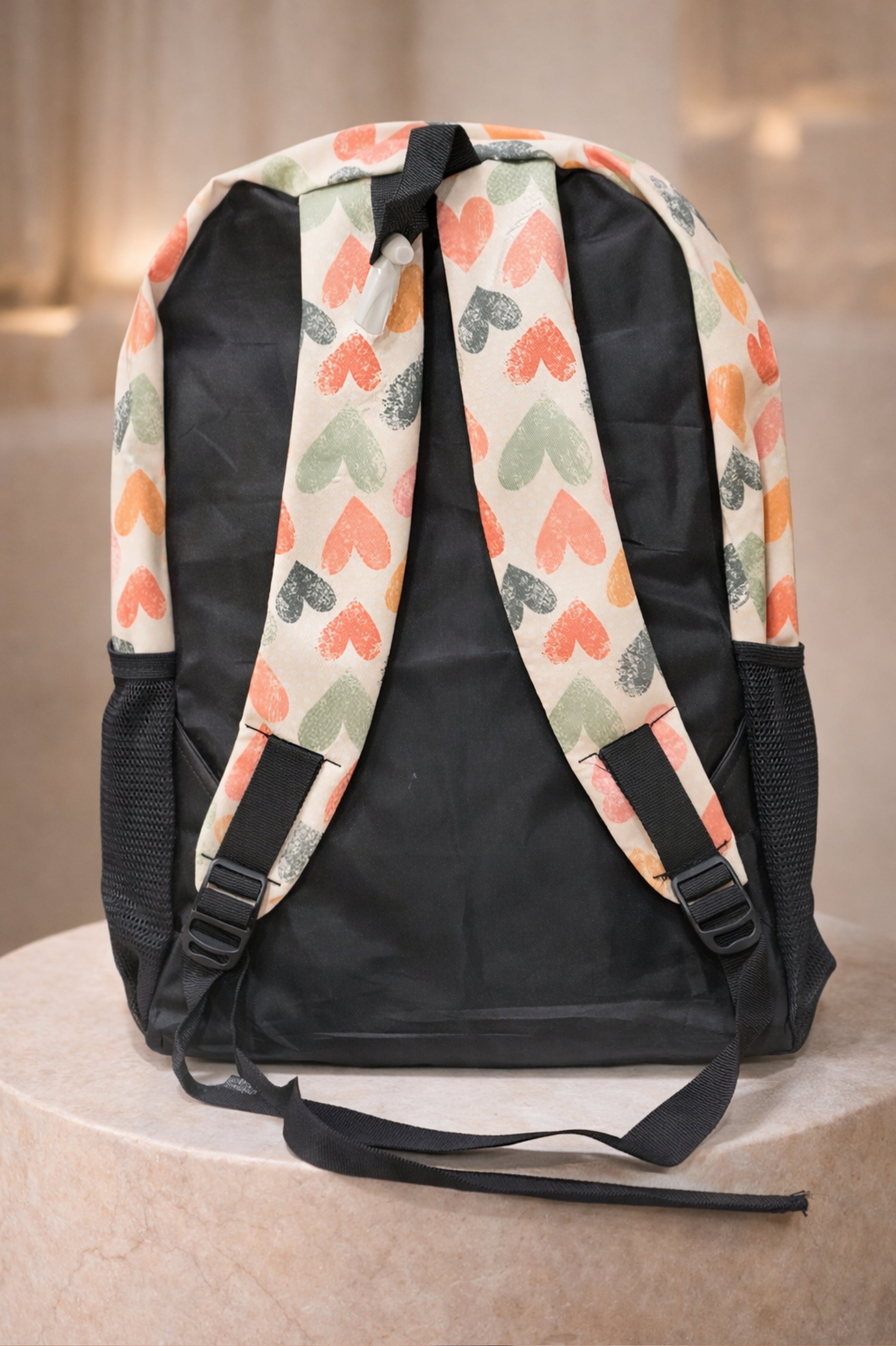 Girls Off-White Multicolour Heart Print Casual Backpack with Front Zip Pocket