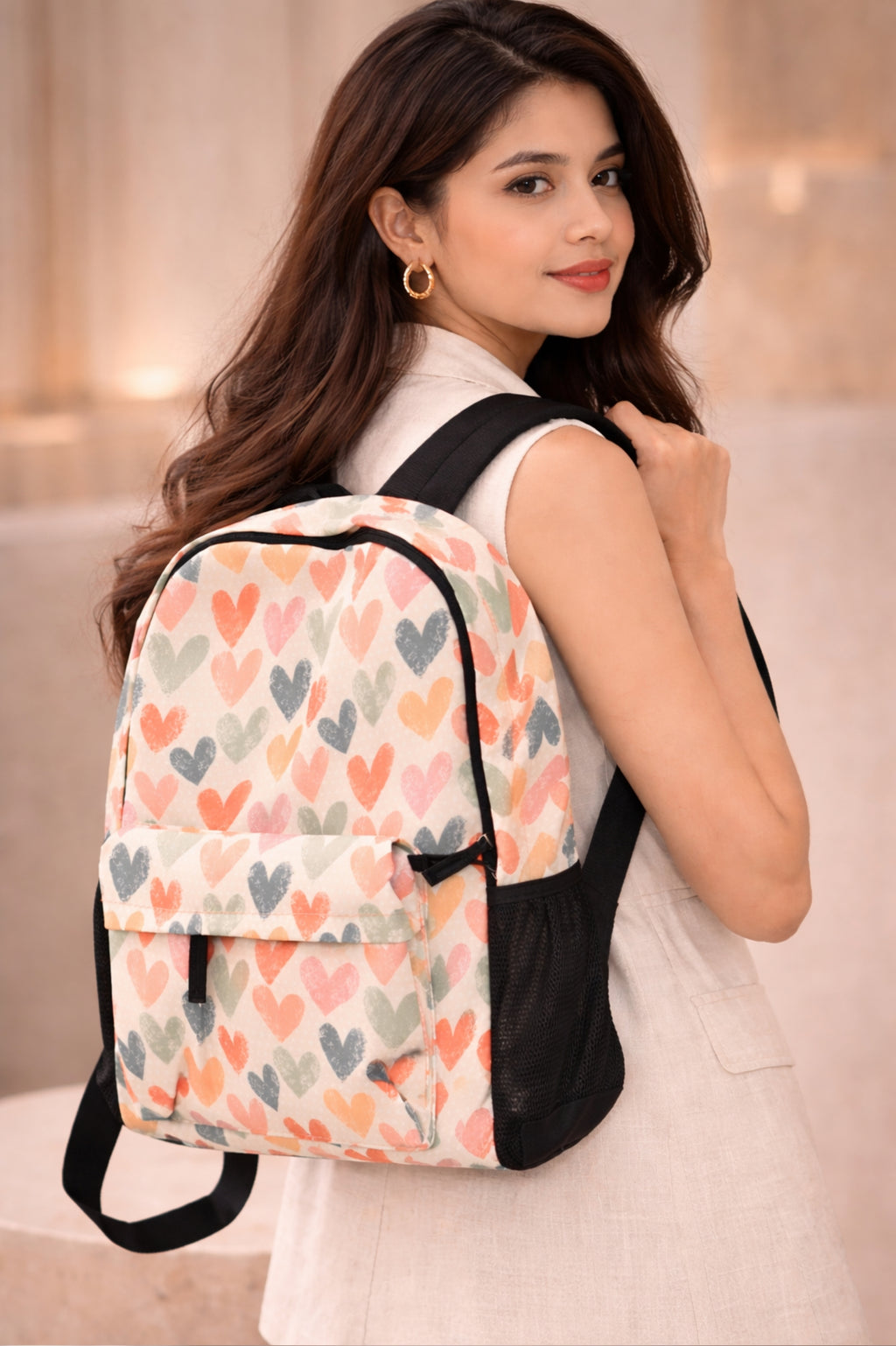 Girls Off-White Multicolour Heart Print Casual Backpack with Front Zip Pocket