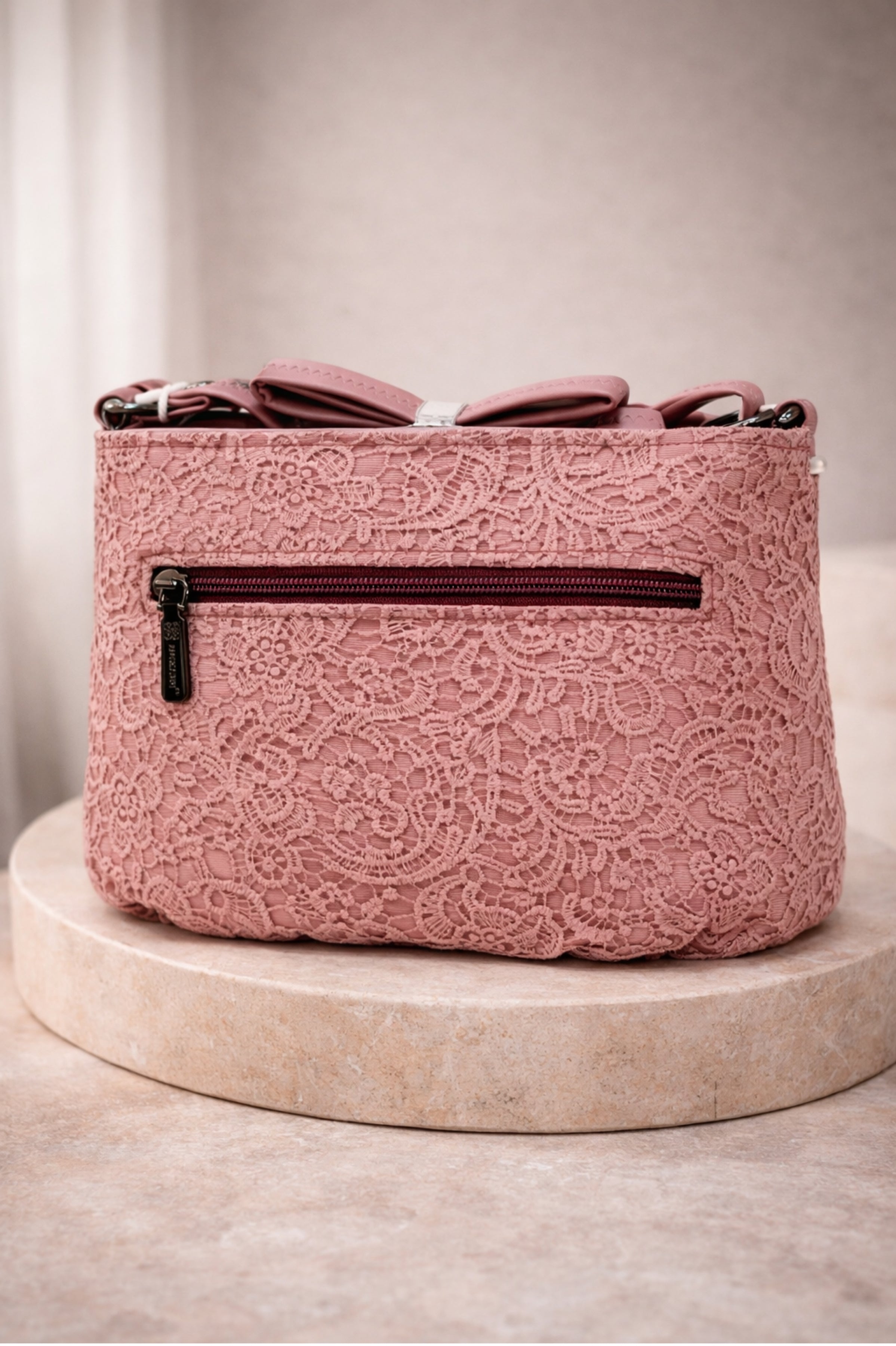 Women Beige Lace Textured Sling Bag with Zip Closure Dusky Pink