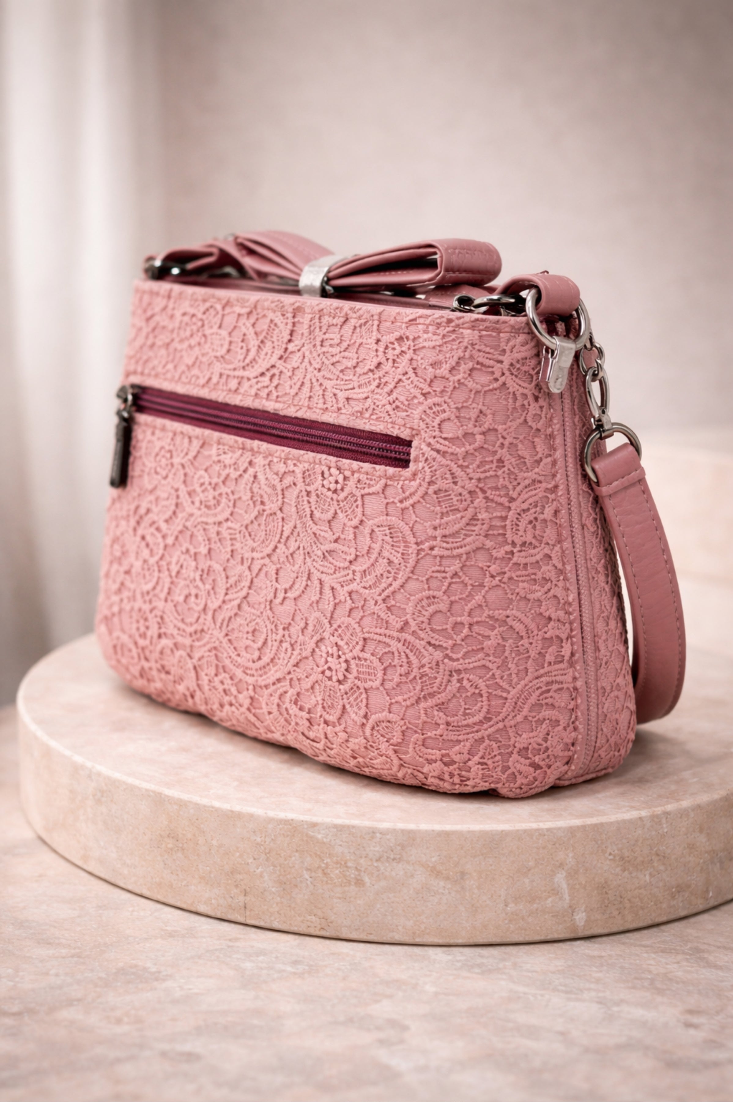 Women Beige Lace Textured Sling Bag with Zip Closure Dusky Pink