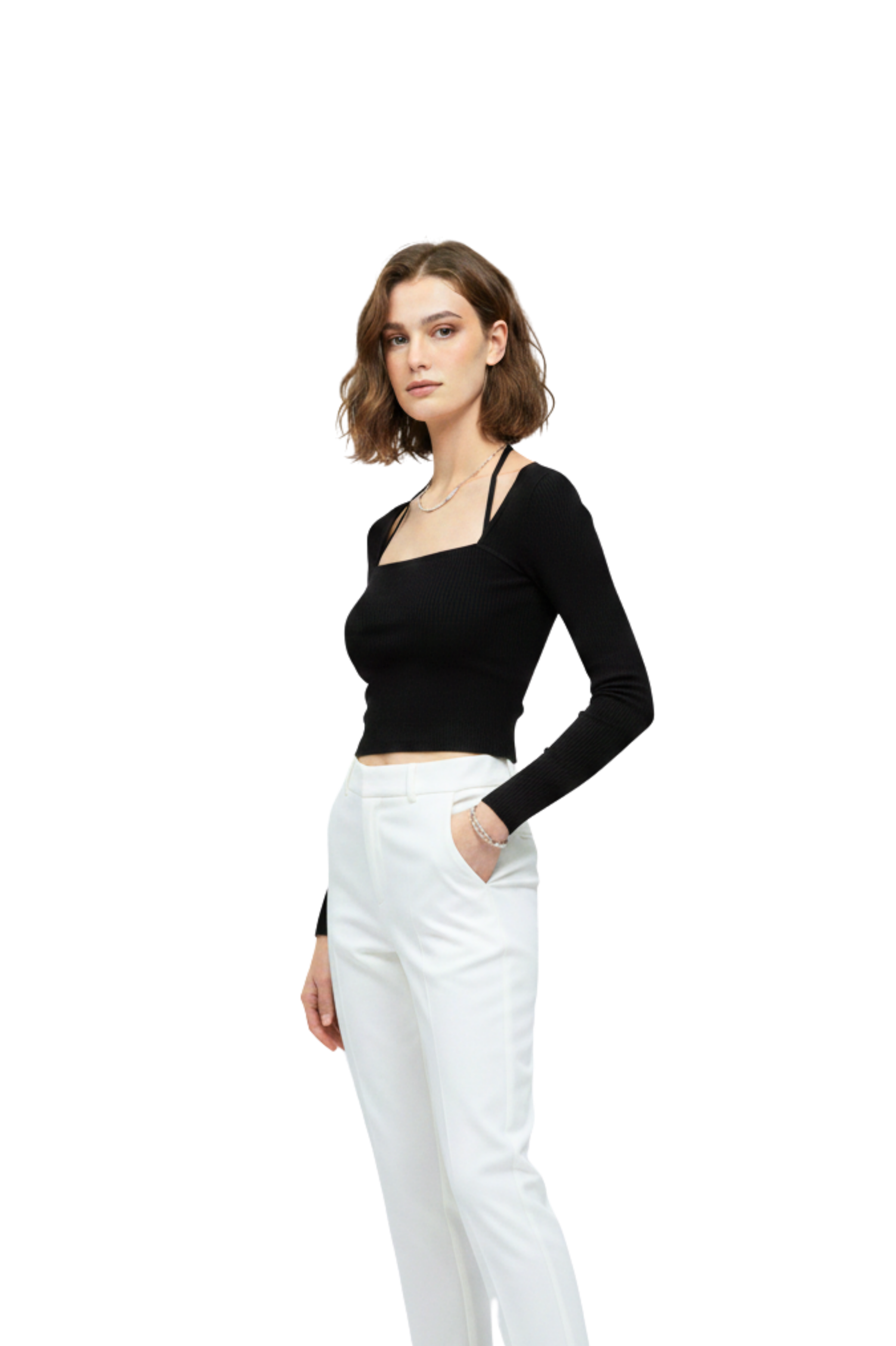 Black Ribbed Halter-Neck Crop Top for Women – Stylish Long Sleeve Party & Casual Wear