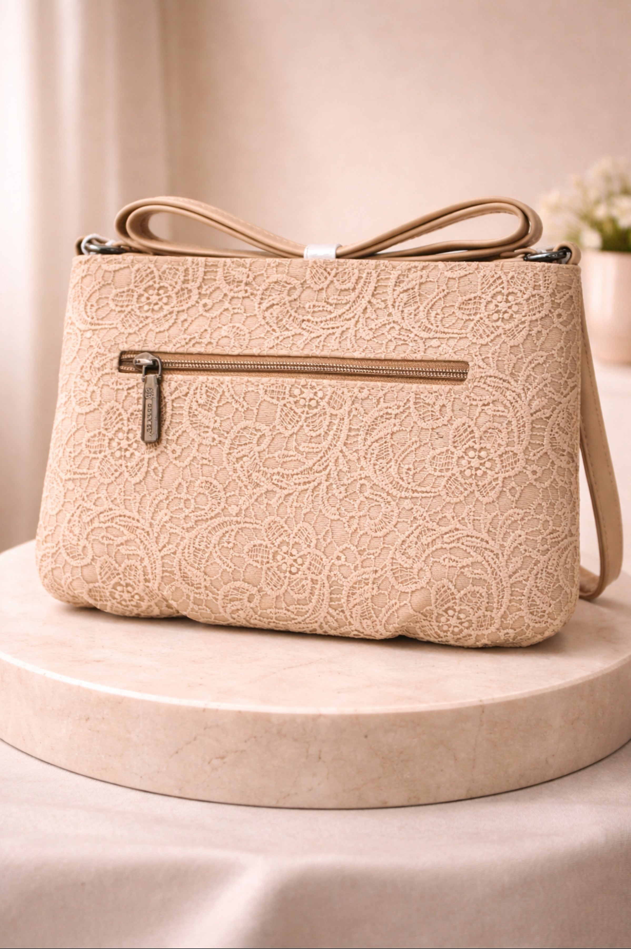 Women Beige Lace Textured Sling Bag with Zip Closure