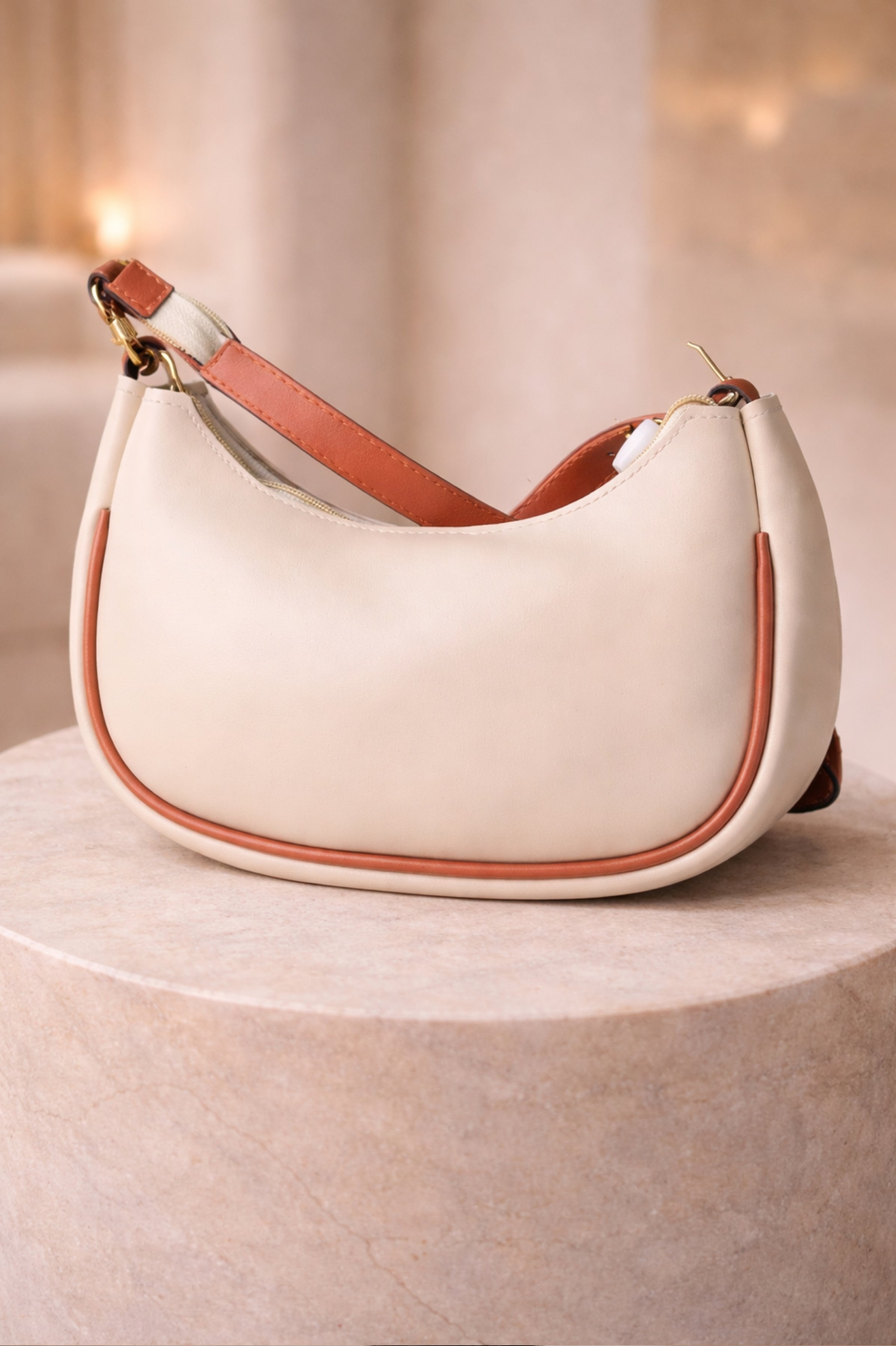 Women Beige & Brown Colour blocked Crescent Shoulder Bag with Zip Closure