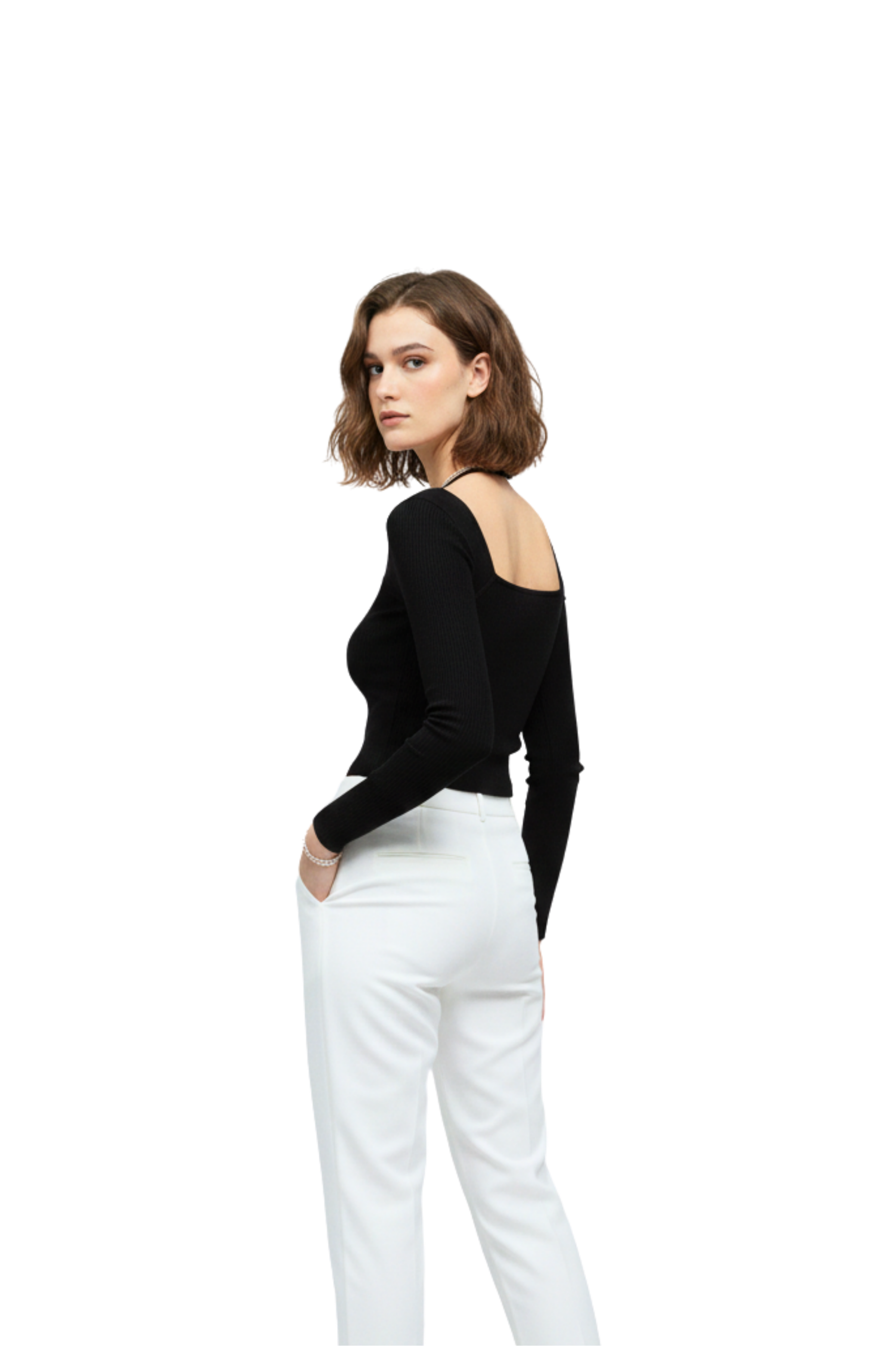 Black Ribbed Halter-Neck Crop Top for Women – Stylish Long Sleeve Party & Casual Wear