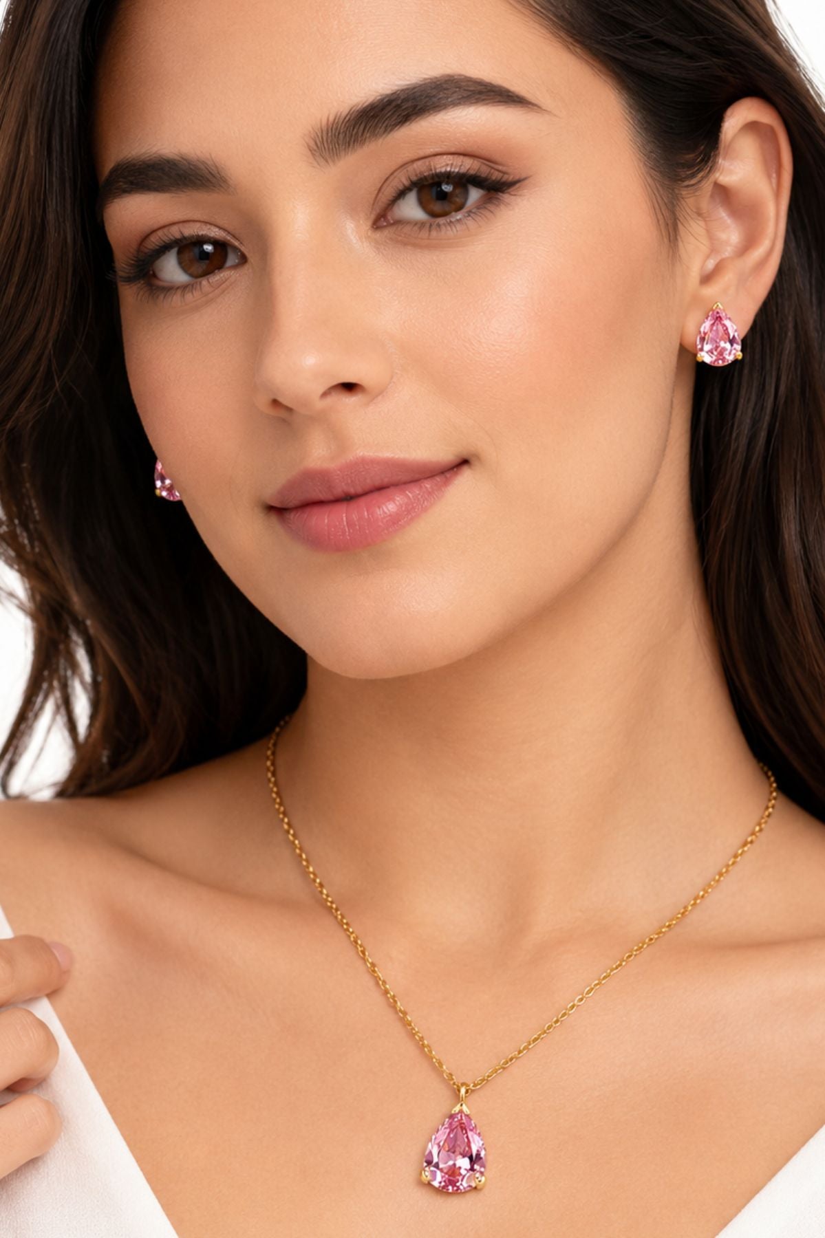 Gold Pink Diamond Pendant Necklace & Earrings Set