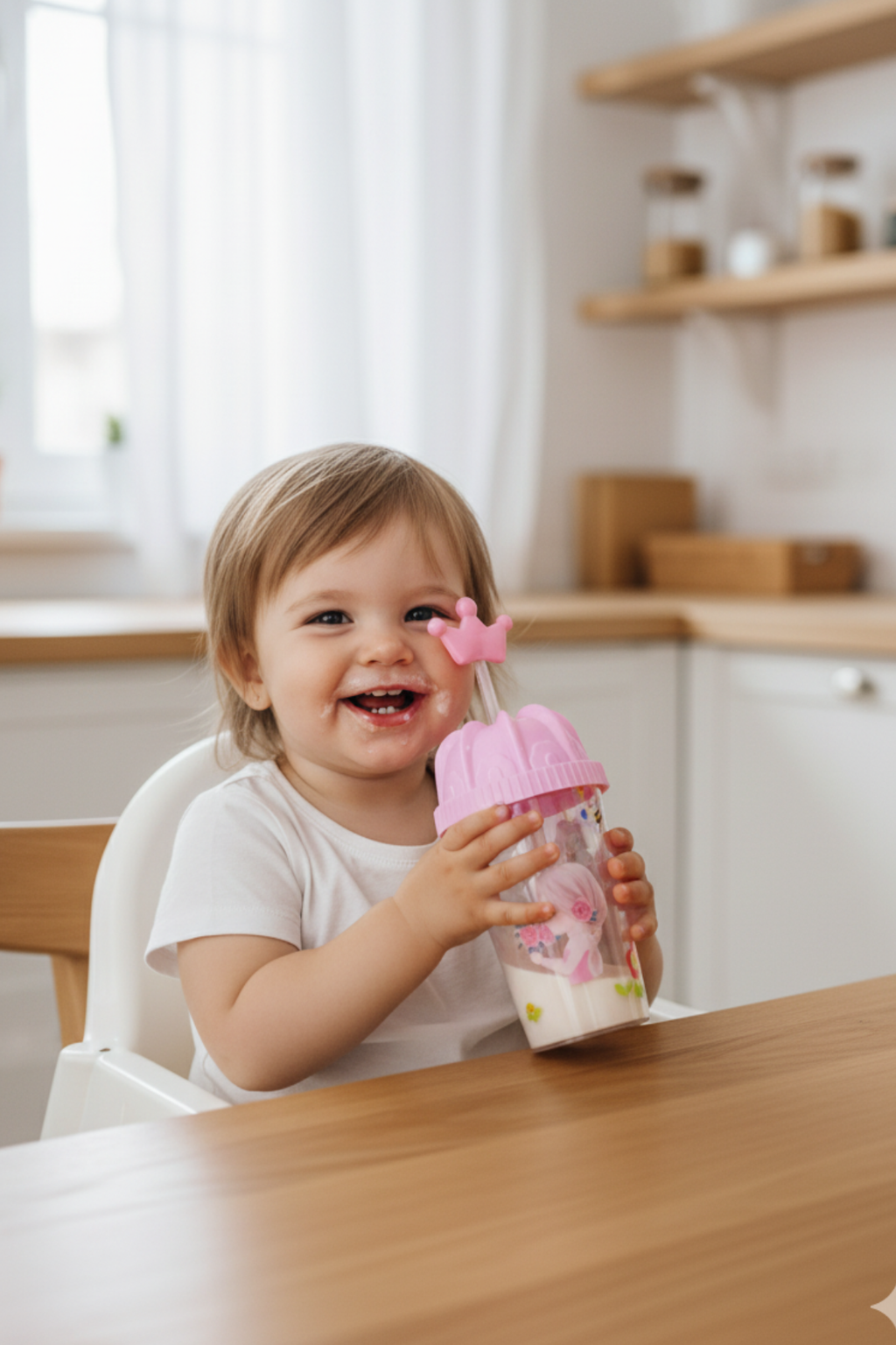 Kids Sipper Glass with Crown Straw – Cute Cartoon Design