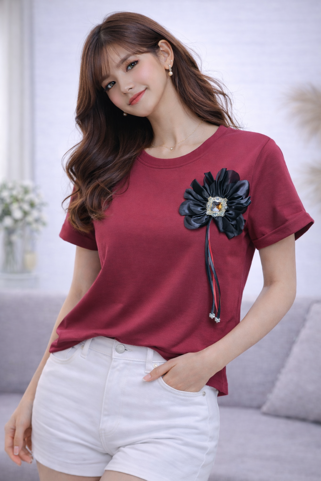Stylish Floral Brooch Korean Top