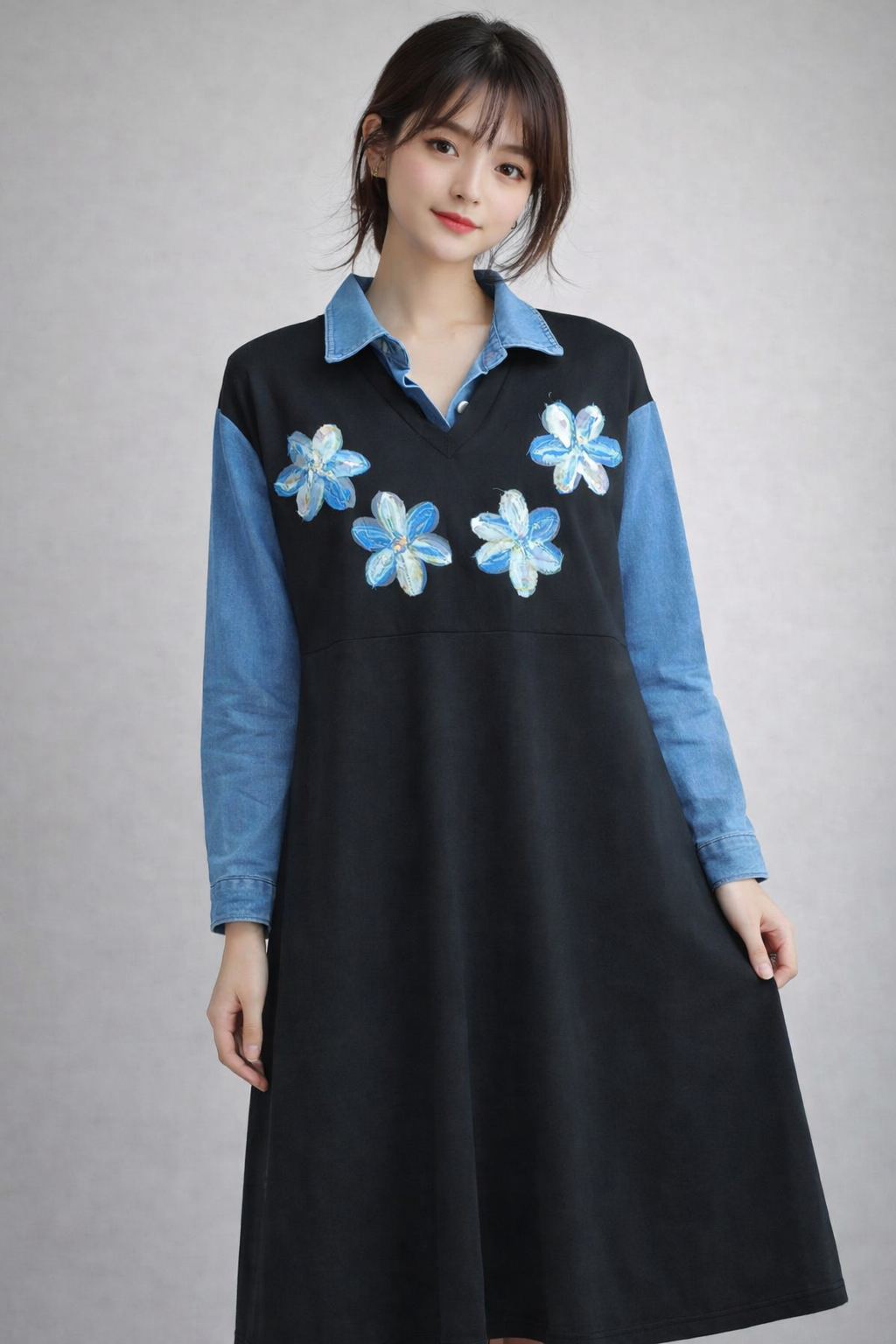 Midnight Bloom Denim-Fusion Dress  (Elegant • Modern • Statement Wear)