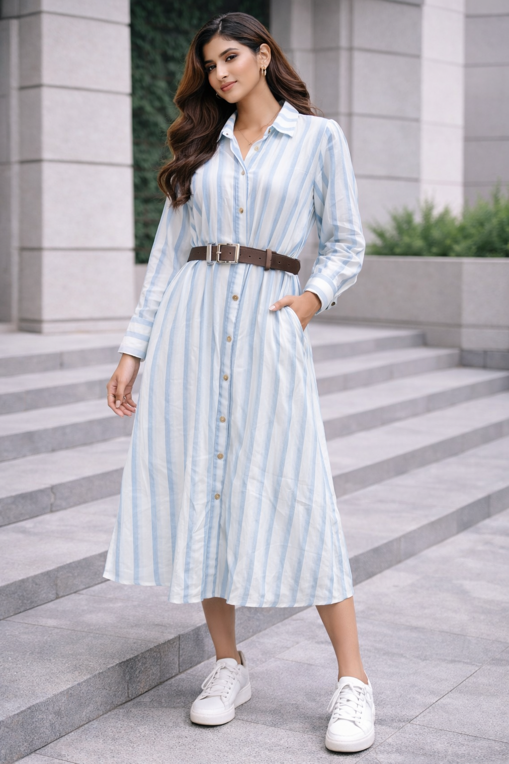 💙 Sky Stripe Belted Shirt Dress