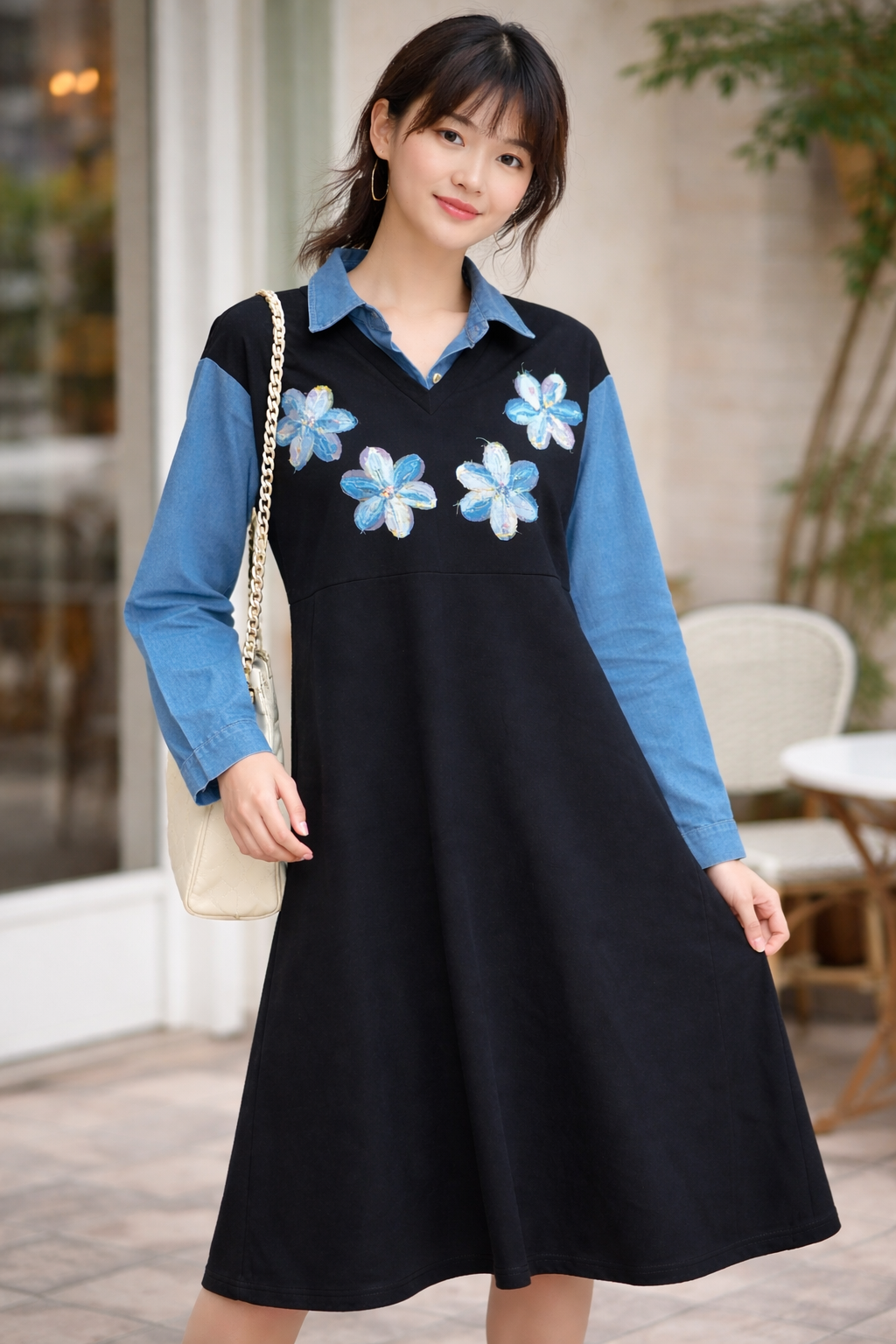 Midnight Bloom Denim-Fusion Dress  (Elegant • Modern • Statement Wear)