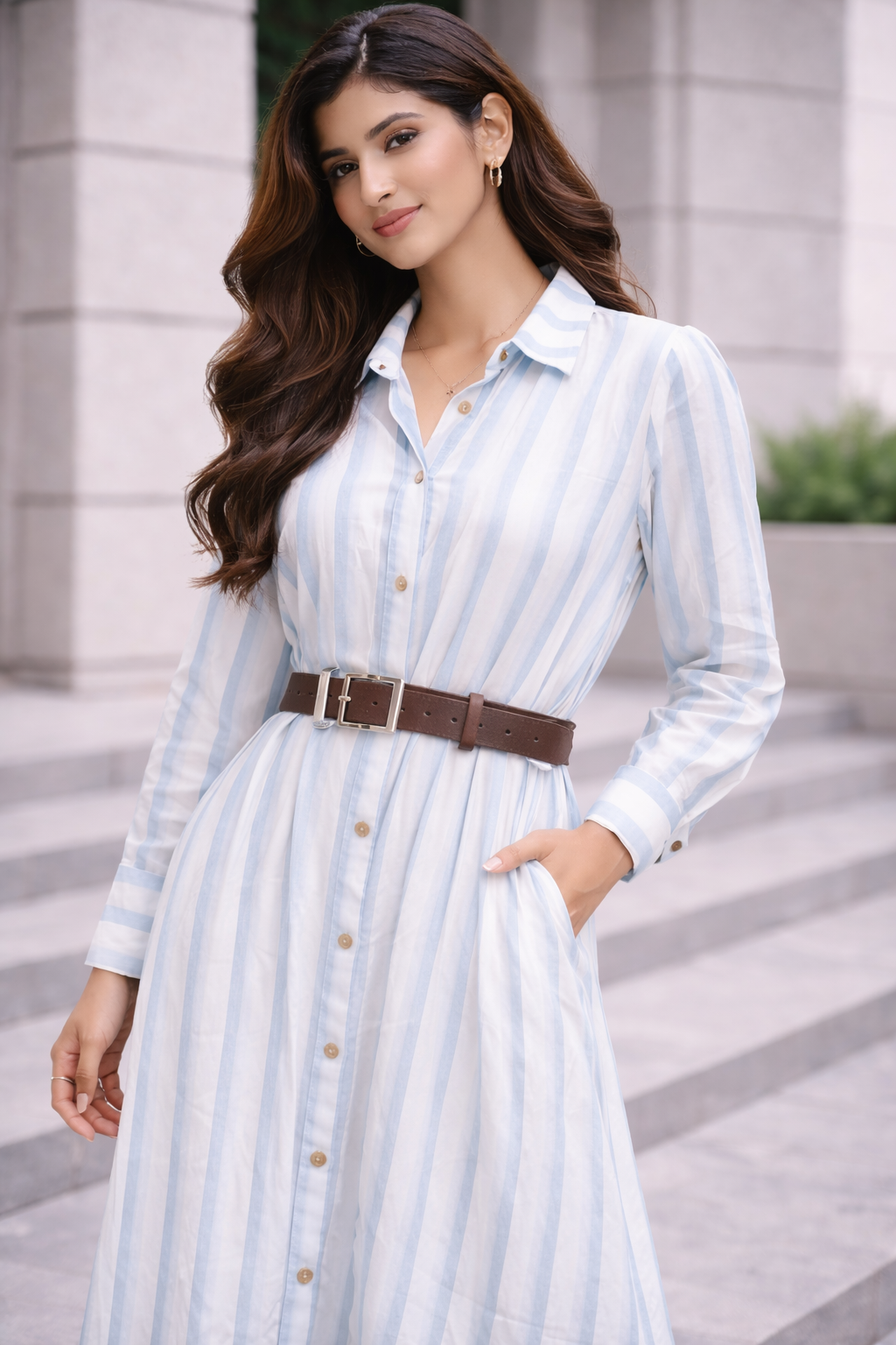 💙 Sky Stripe Belted Shirt Dress