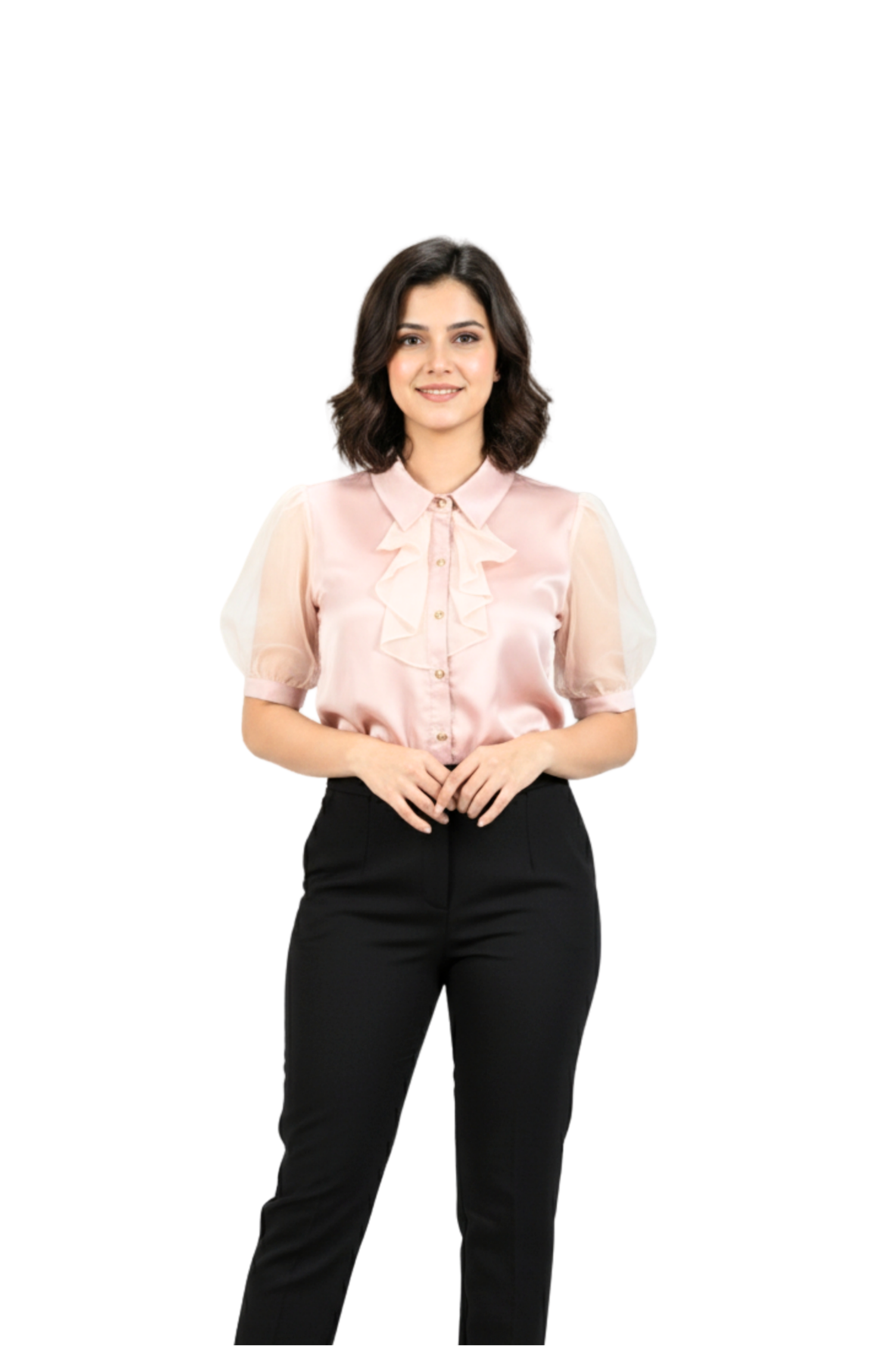 Blush Pink Ruffle Front Puff Sleeve Top