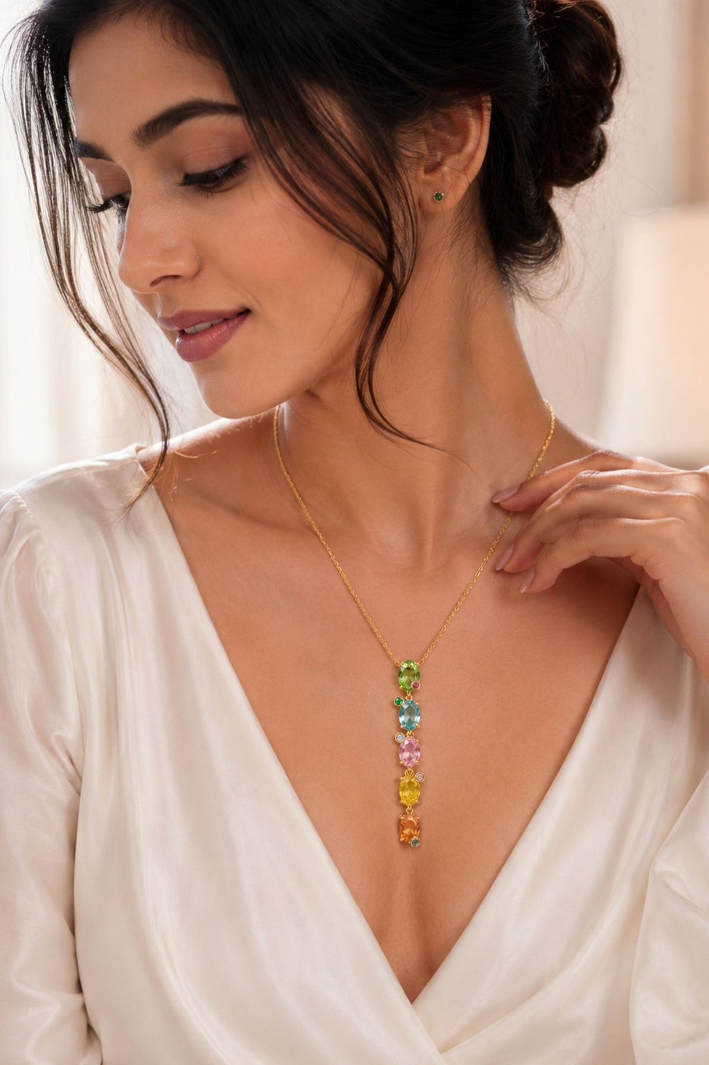 Multi-Colored Stone Drop Pendant Chain