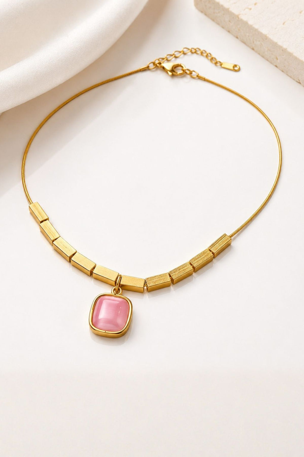 Square Pink Pendant Chain  Gold Stainless Steel Necklace