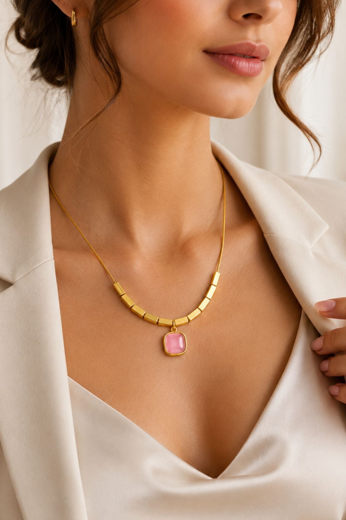 Square Pink Pendant Chain  Gold Stainless Steel Necklace