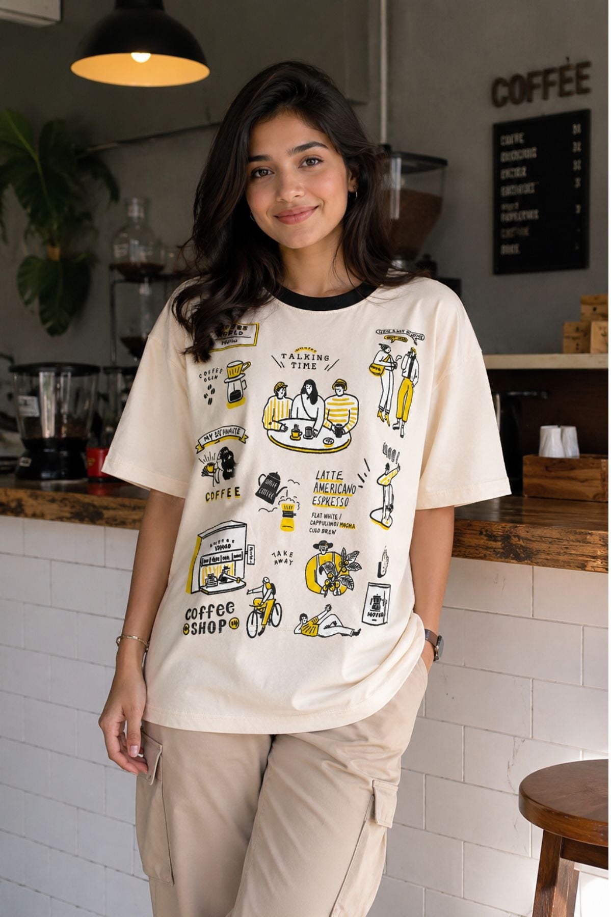 Oversized Coffee Doodle Ringer T-Shirt