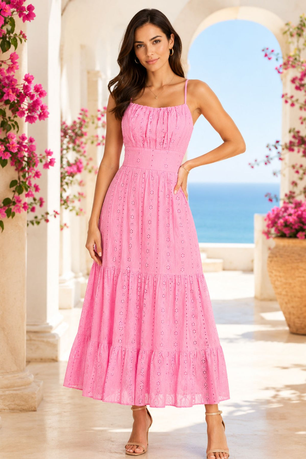 Pink Eyelet Tiered Long Dress
