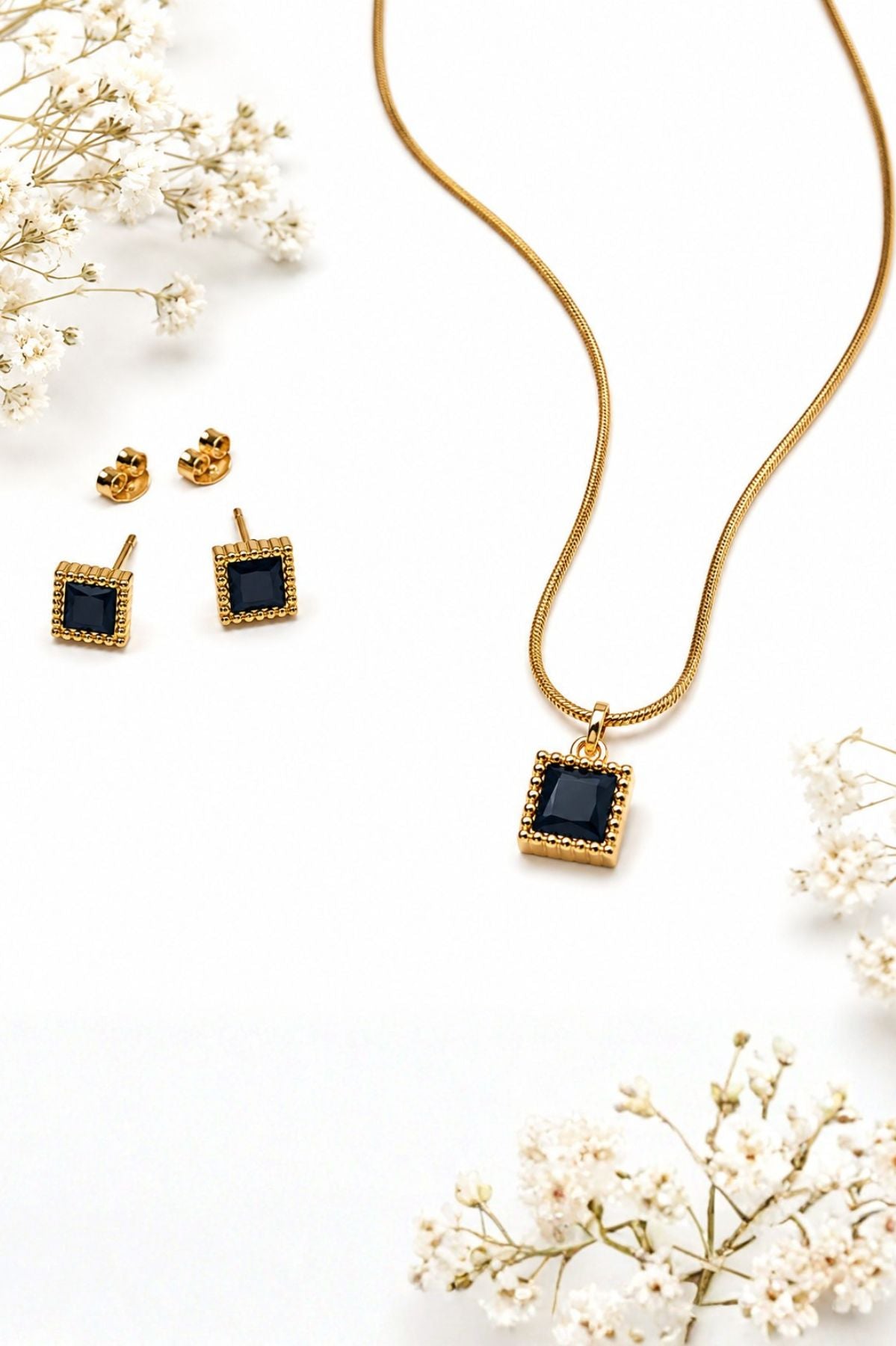 Onyx Pendant Necklace & Earrings Set – Gold Stainless Steel Jewelry