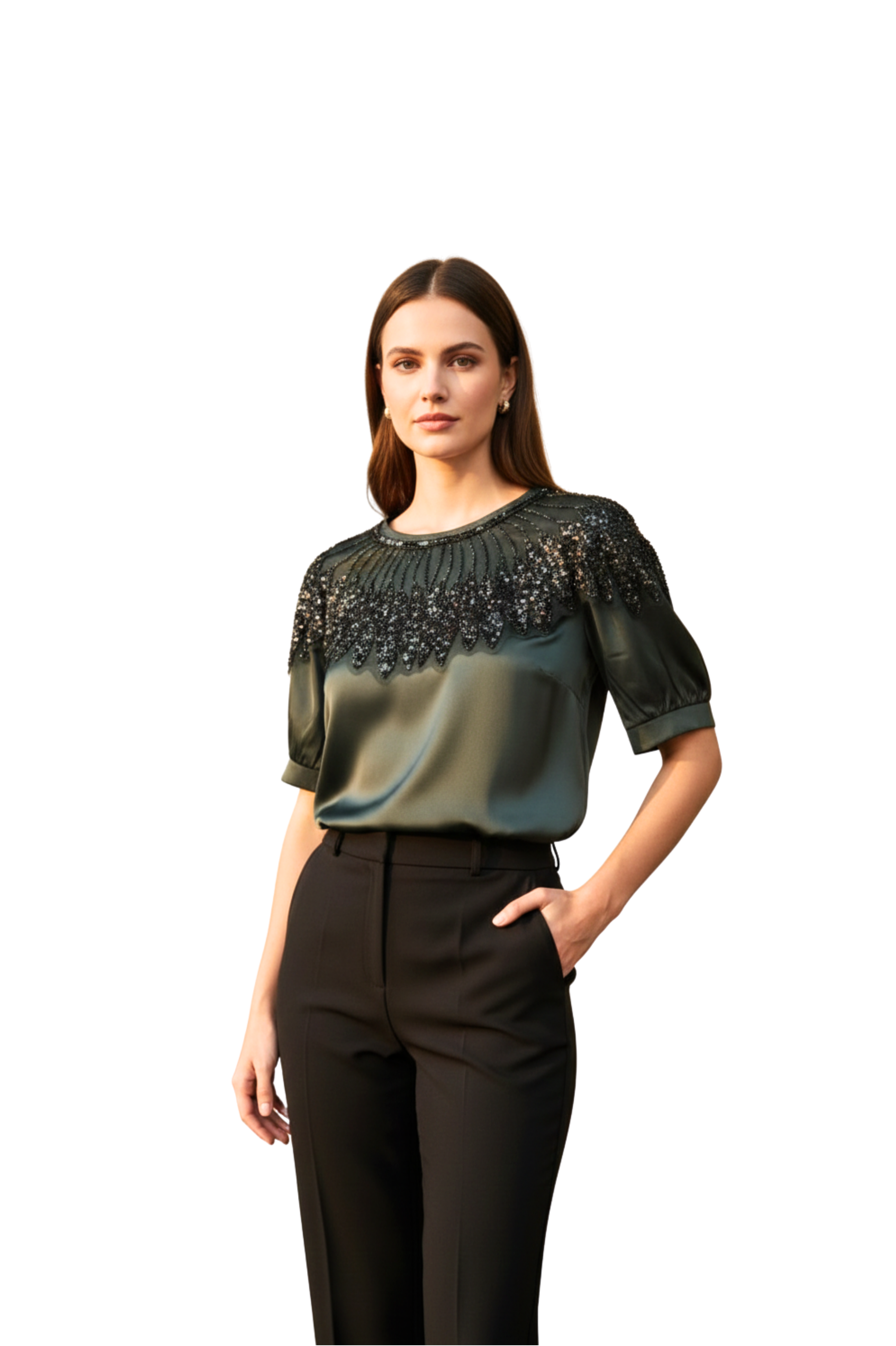 Dark Green Sequin Embellished Party Wear Top for Women