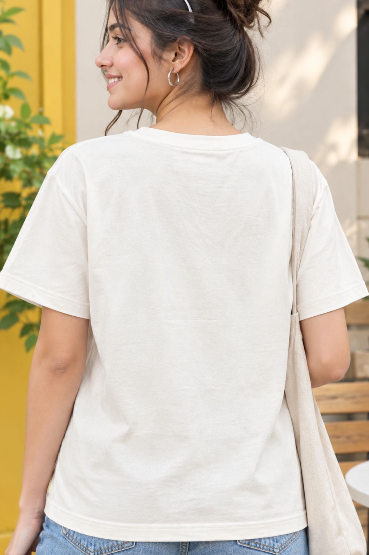 Myra White Round Neck Half Sleeve T-Shirt