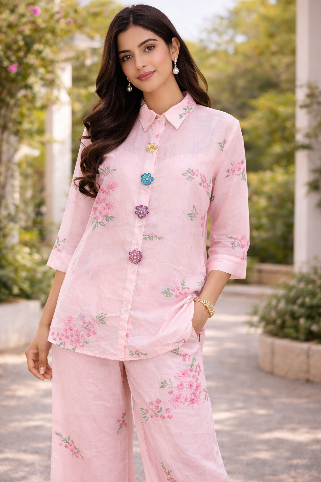 Women Pink Floral Printed Linen Blend Co-Ord Set