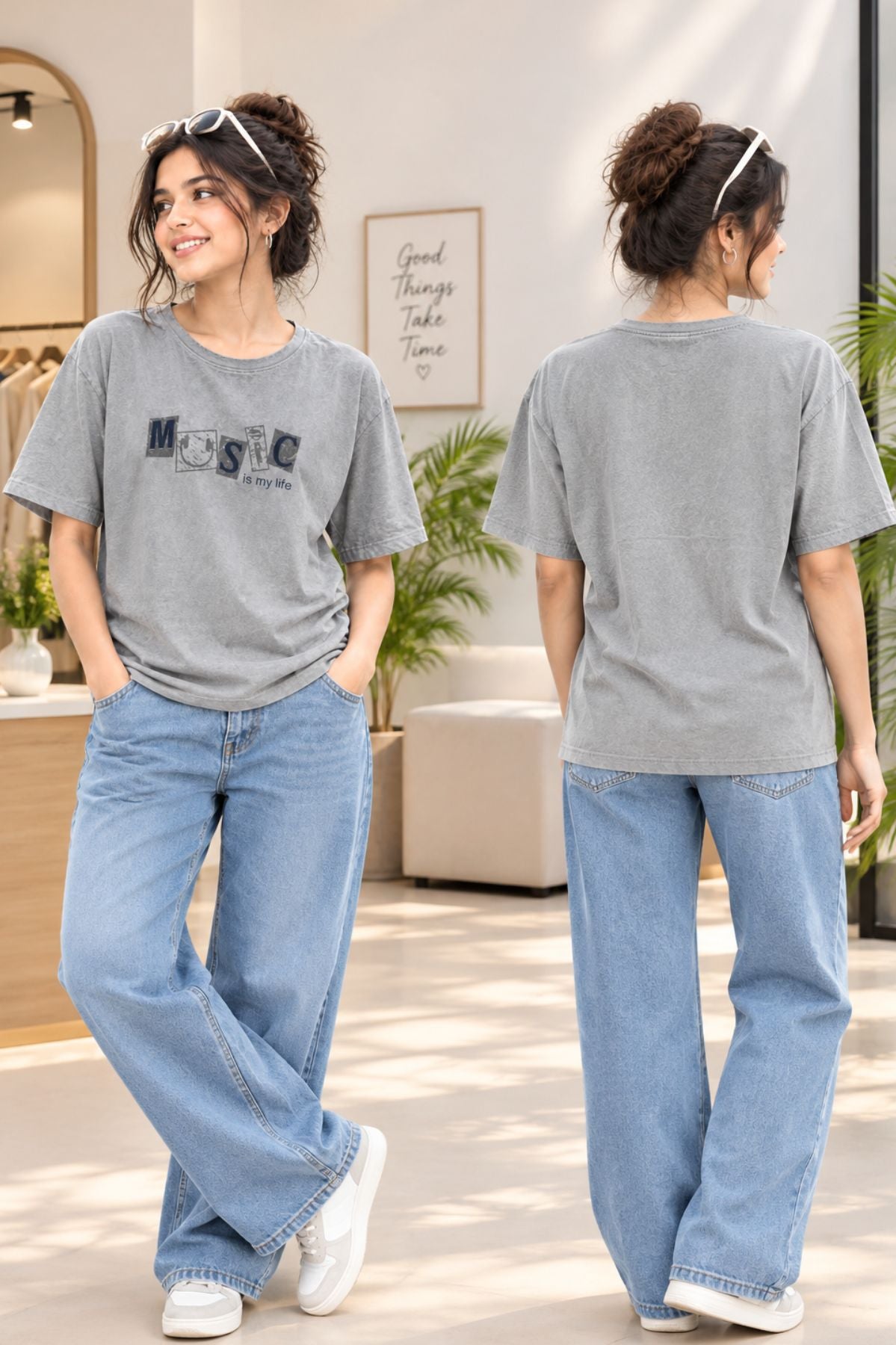 Script Text Graphic Grey Round Neck Half Sleeve T-Shirt