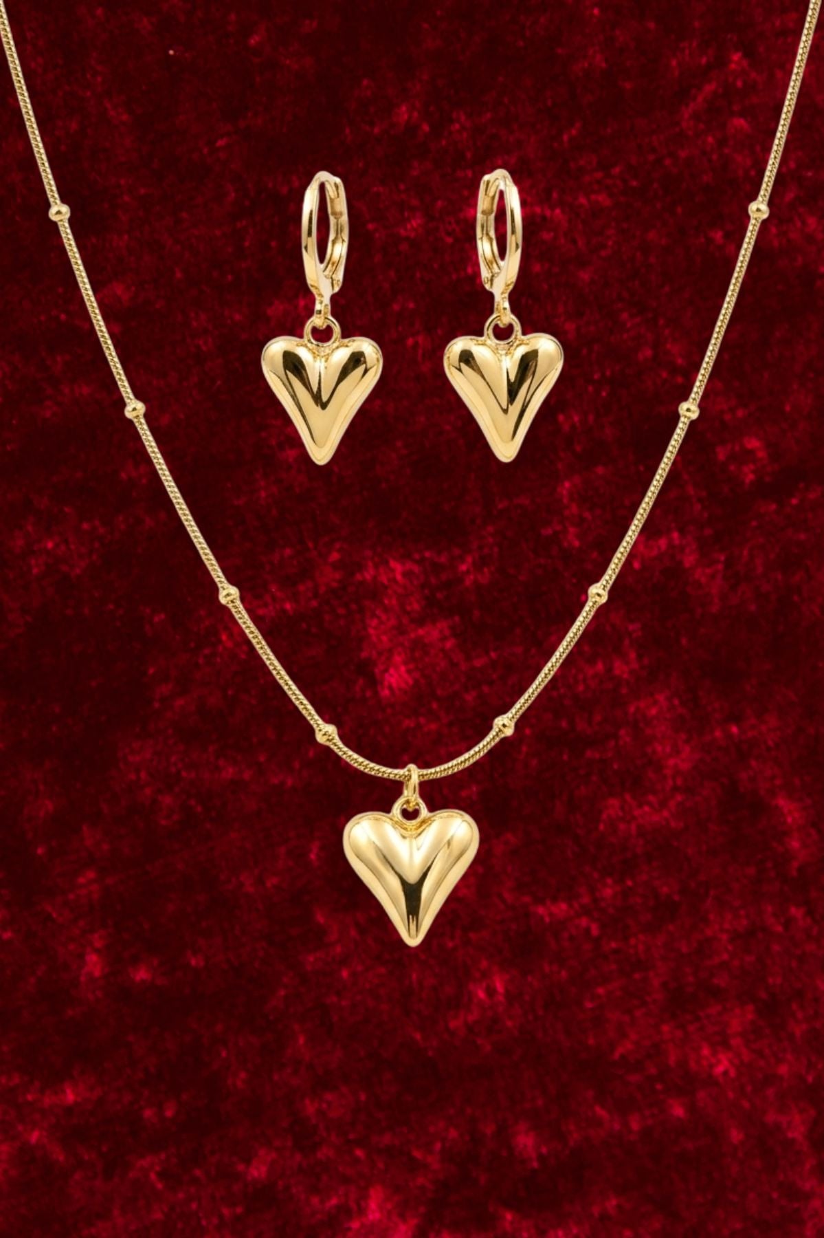 Gold Heart Pendant Necklace & Earrings Set