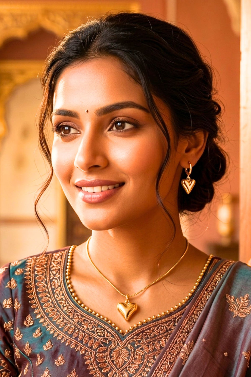 Gold Heart Pendant Necklace & Earrings Set