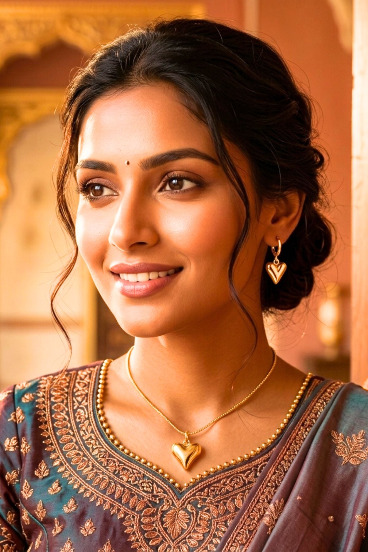 Gold Heart Pendant Necklace & Earrings Set