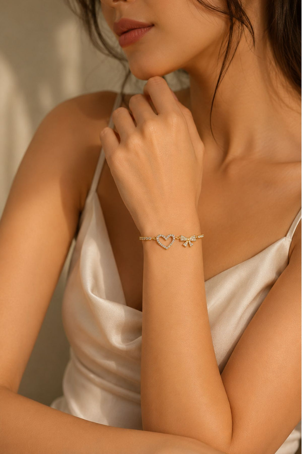 Gold-Plated Bracelet with Crystal Heart & Bow Charm