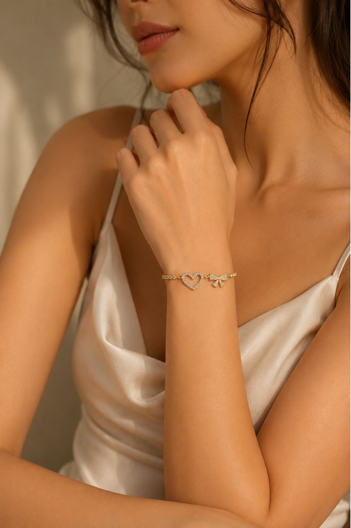 Gold-Plated Bracelet with Crystal Heart & Bow Charm