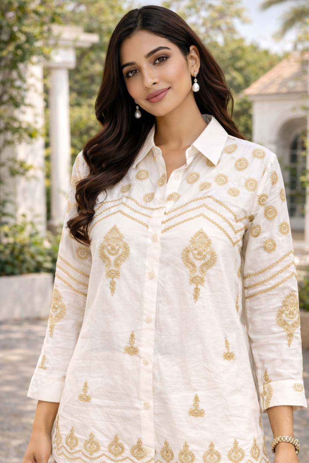 Women Off-White Traditional Motif Shirt Collar Co-Ord Set