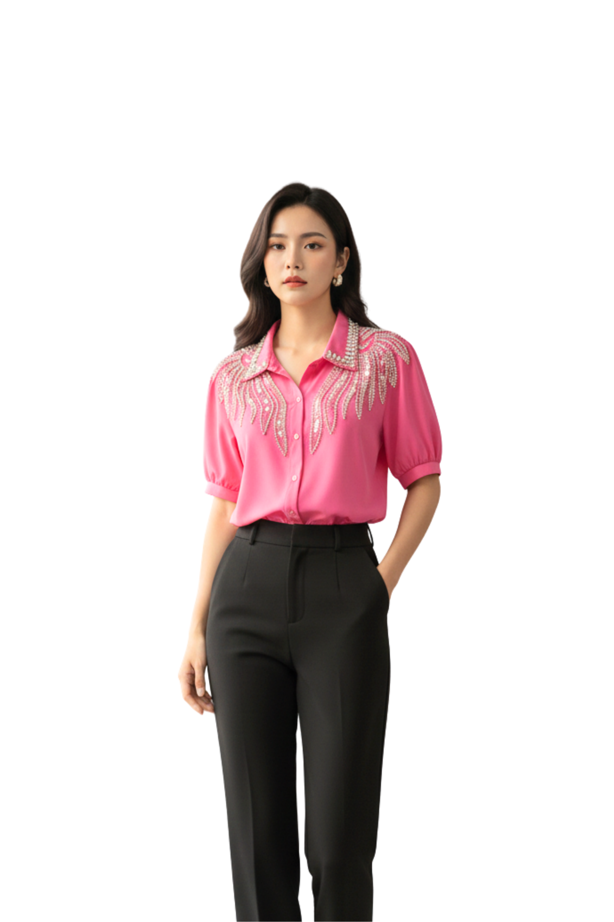 Rose Pink Crystal-Embellished Collared Shirt Top