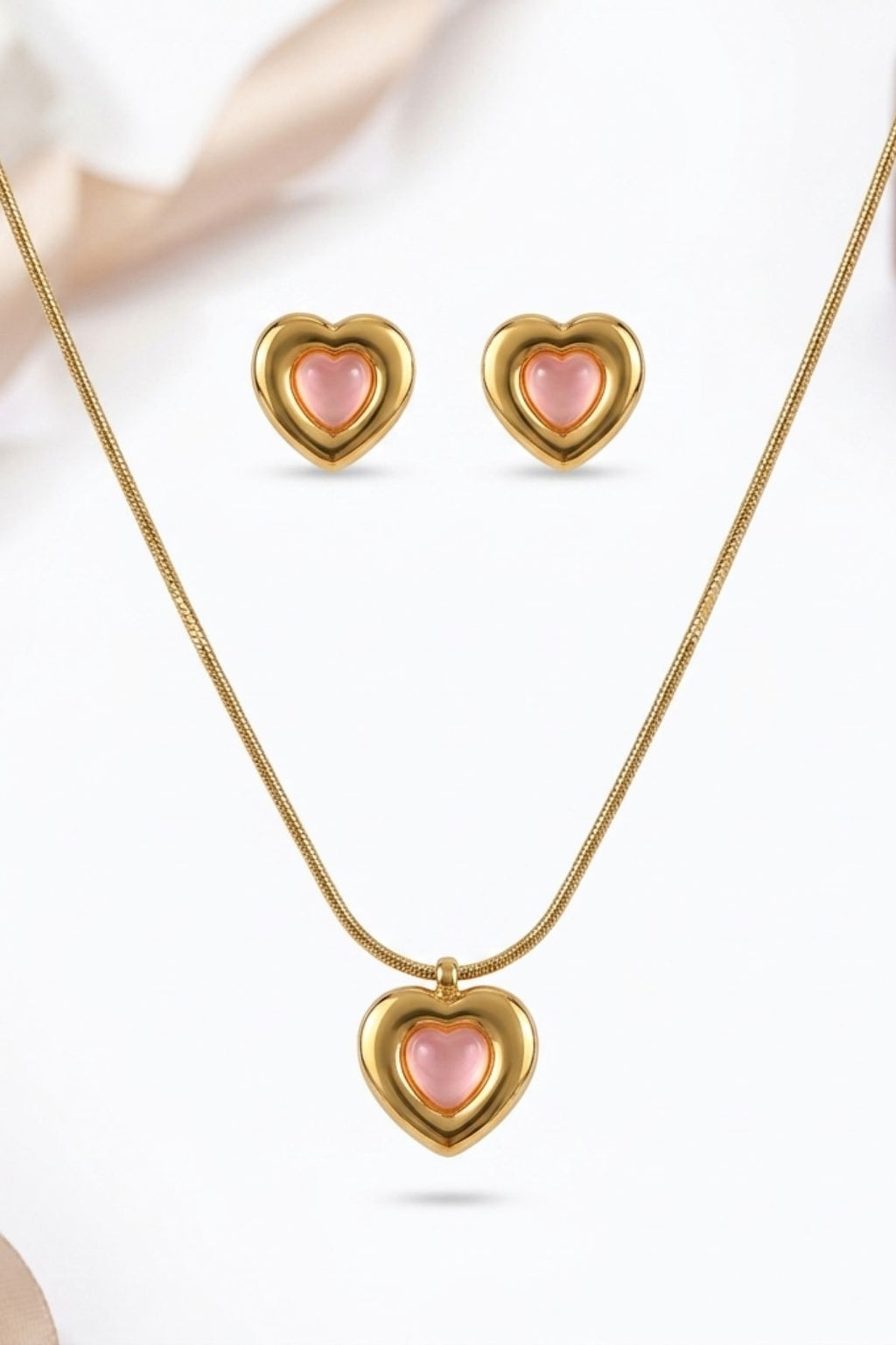 Gold Pearl Heart Pendant Necklace & Earrings Set