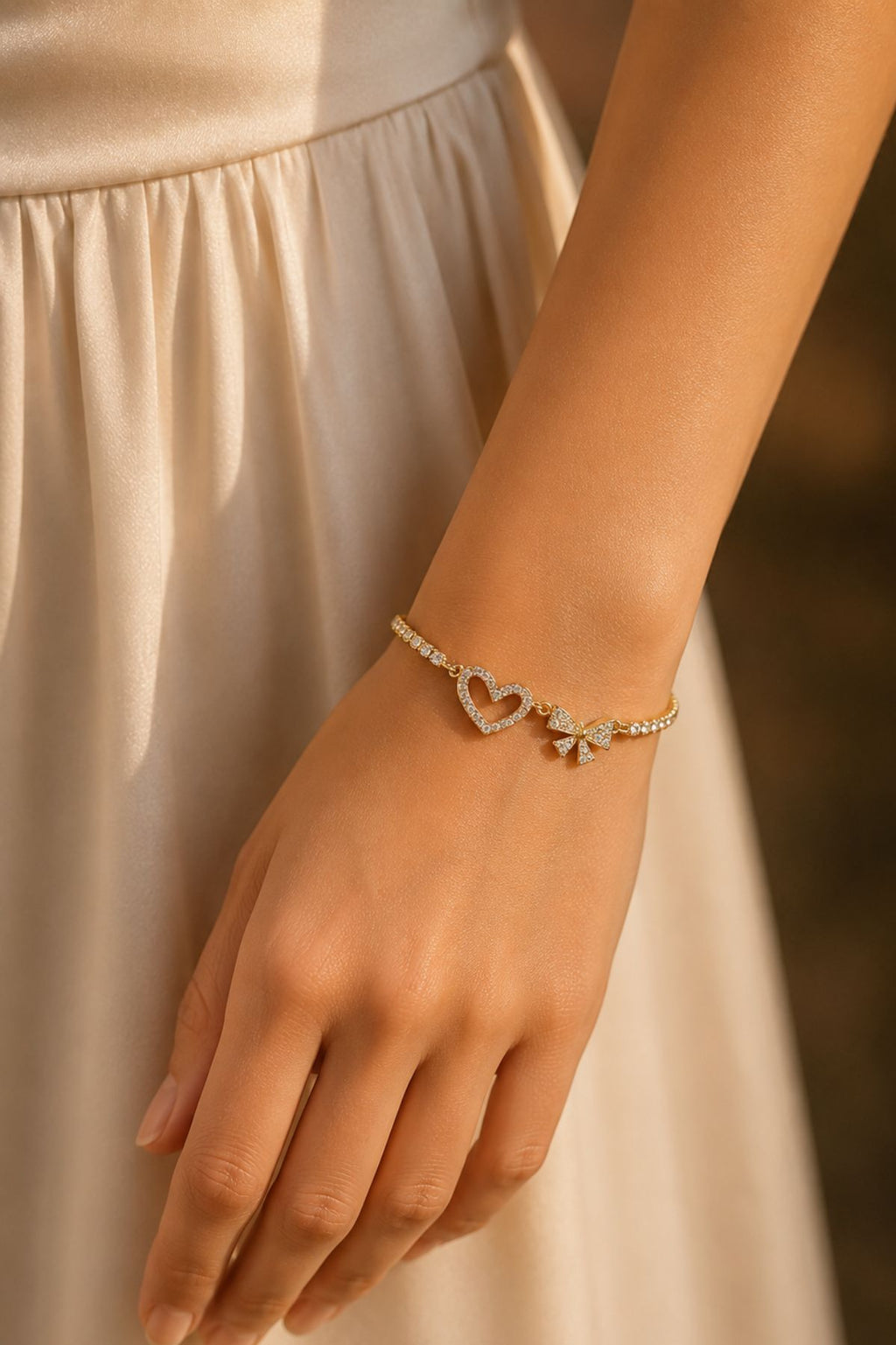 Gold-Plated Bracelet with Crystal Heart & Bow Charm