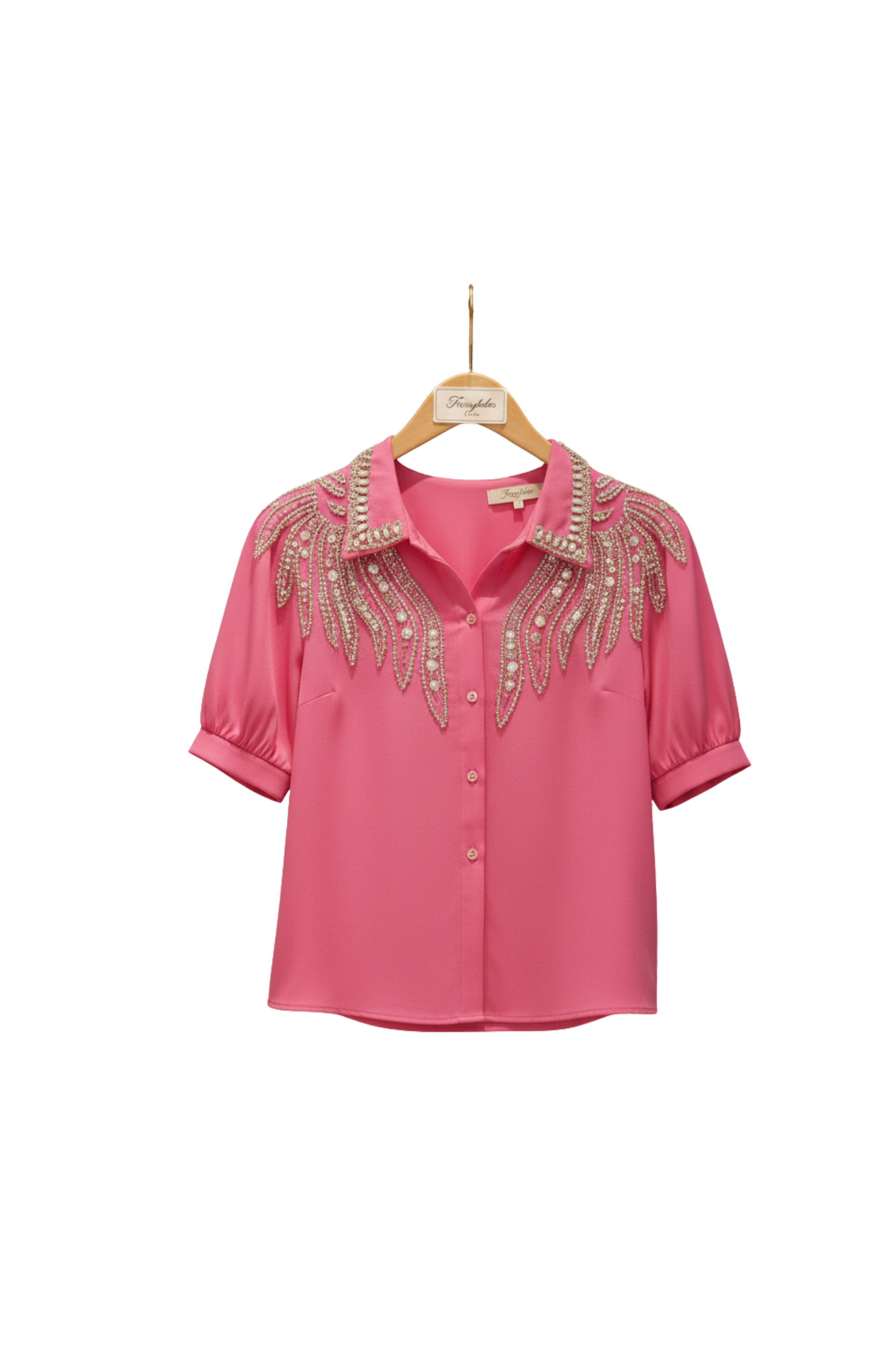 Rose Pink Crystal-Embellished Collared Shirt Top