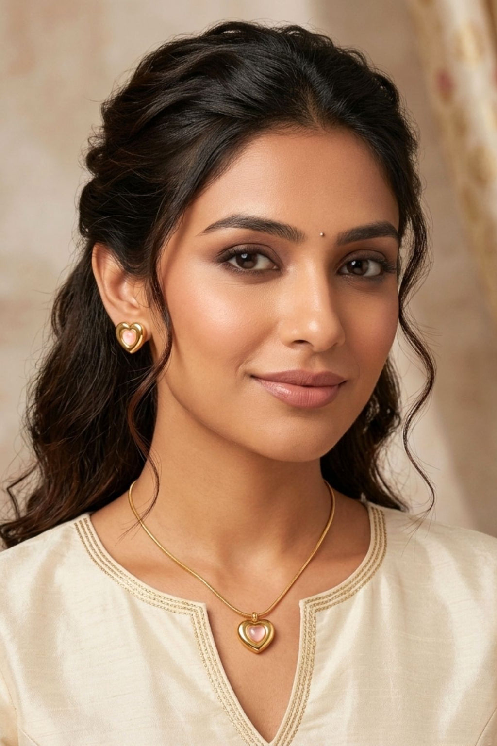 Gold Pearl Heart Pendant Necklace & Earrings Set