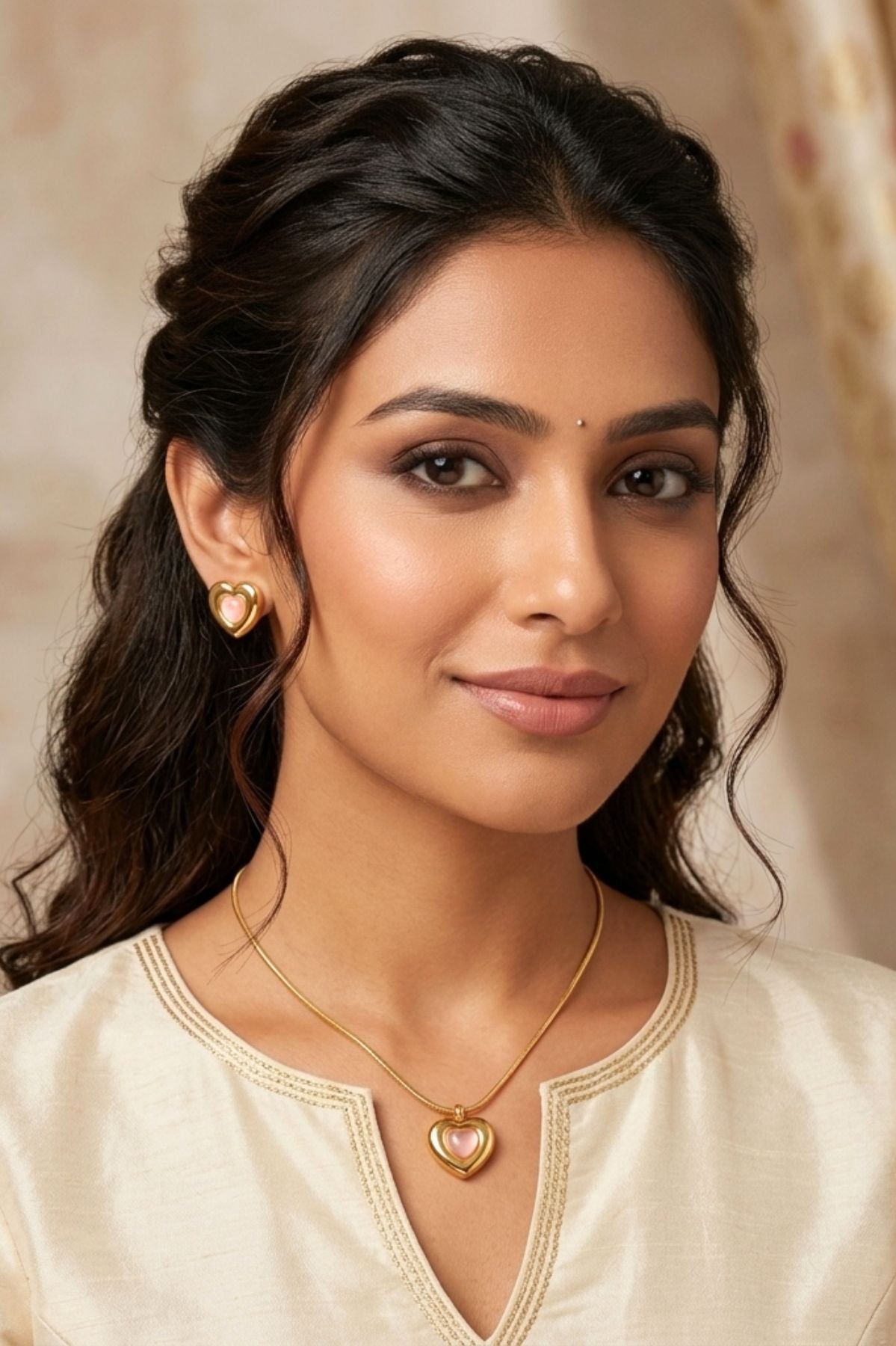 Gold Pearl Heart Pendant Necklace & Earrings Set