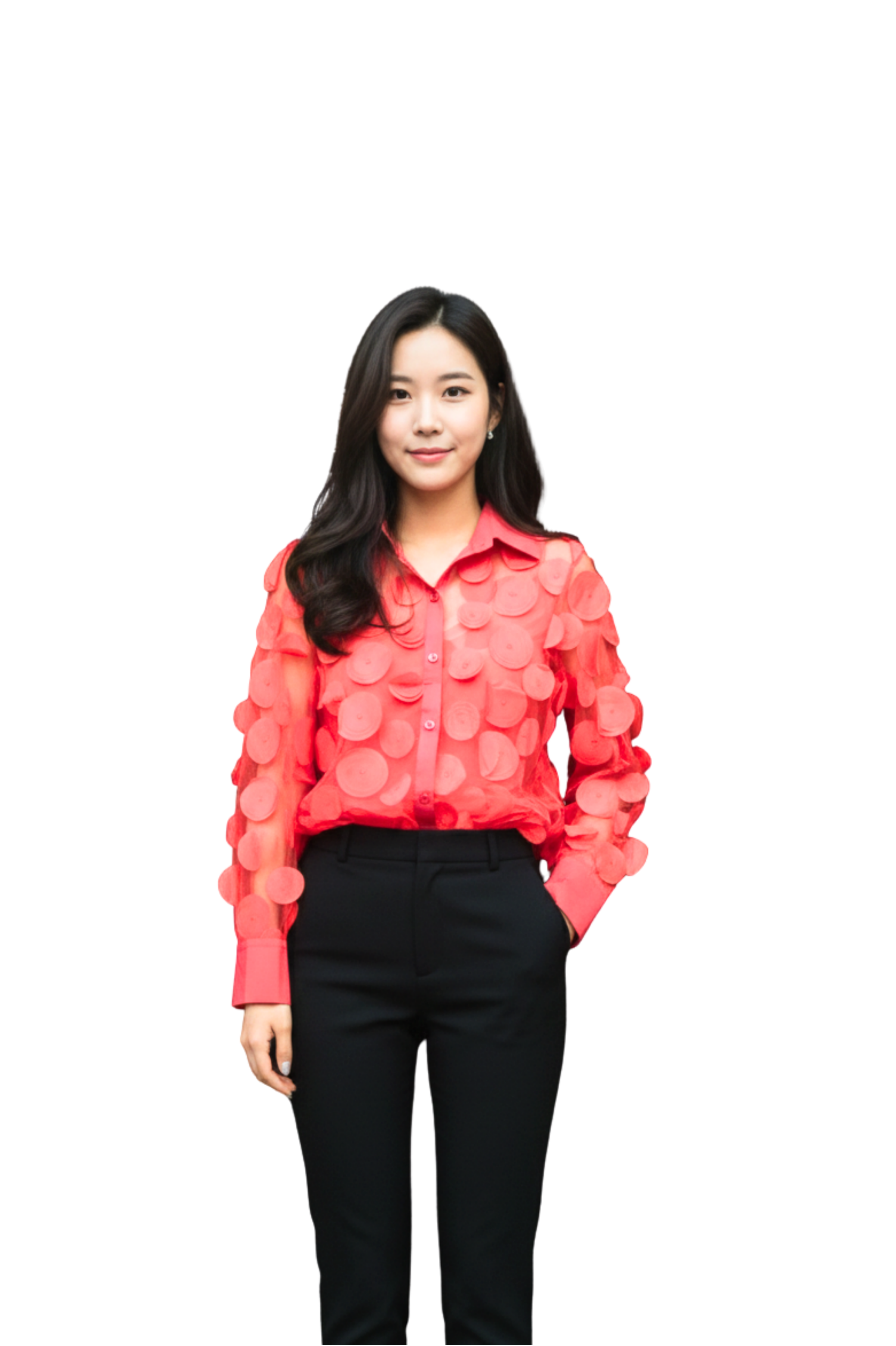 Coral Red 3D Floral Appliqué Mesh Shirt Top for Women